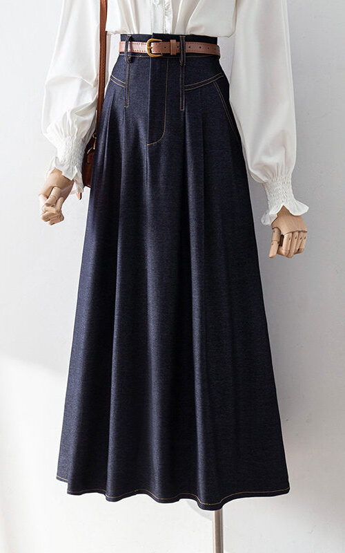 O1CN01dx78Nd1fP8UKA5OiH__163593998 HIGH WAIST PLEATED DENIM MIDI SKIRT W/ LEATHER BELT