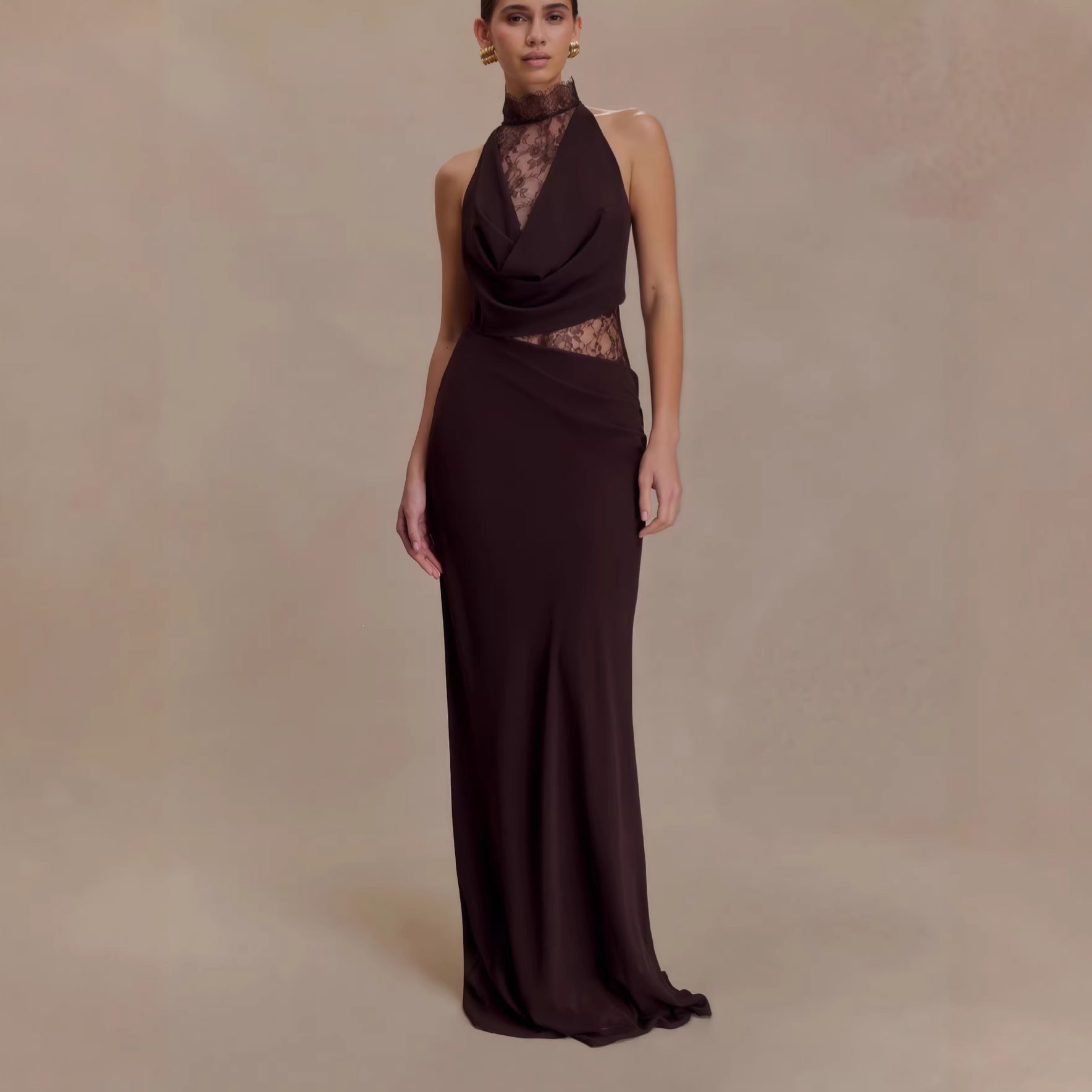 HALTER LACE CUTOUT DRAPED MAXI GOWN