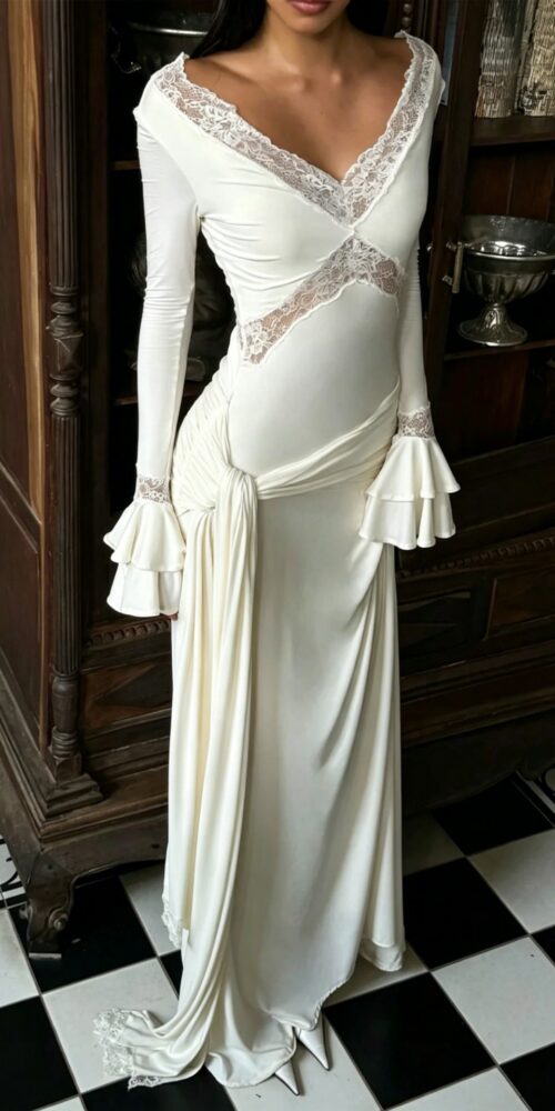 O1CN01e7BK2x1TkPcPIRg7l__2217550252420-0-cib LACE TRIM FLARE SLEEVE DRAPED MAXI DRESS