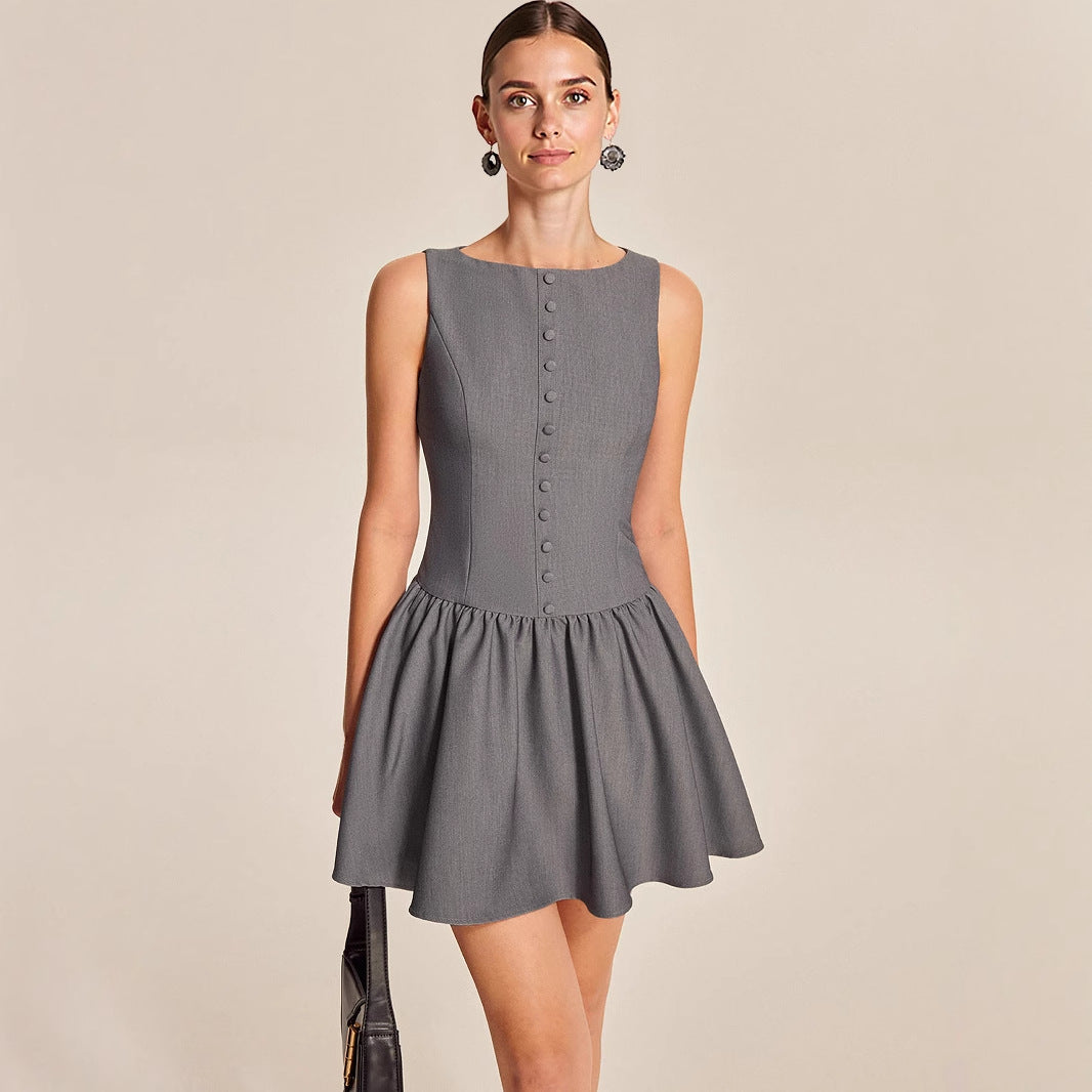 O1CN01e9IwZ71zMCI9Pai2Z__2217524266699-0-cib GREY BOAT NECK SLEEVELESS GATHERED FLARE MINI DRESS