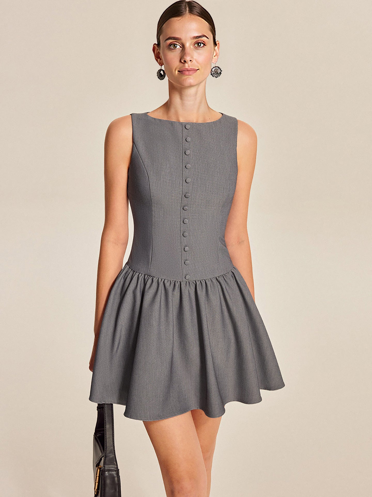 O1CN01eDEX681zMCI9nWWzz__2217524266699-0-cib GREY BOAT NECK SLEEVELESS GATHERED FLARE MINI DRESS