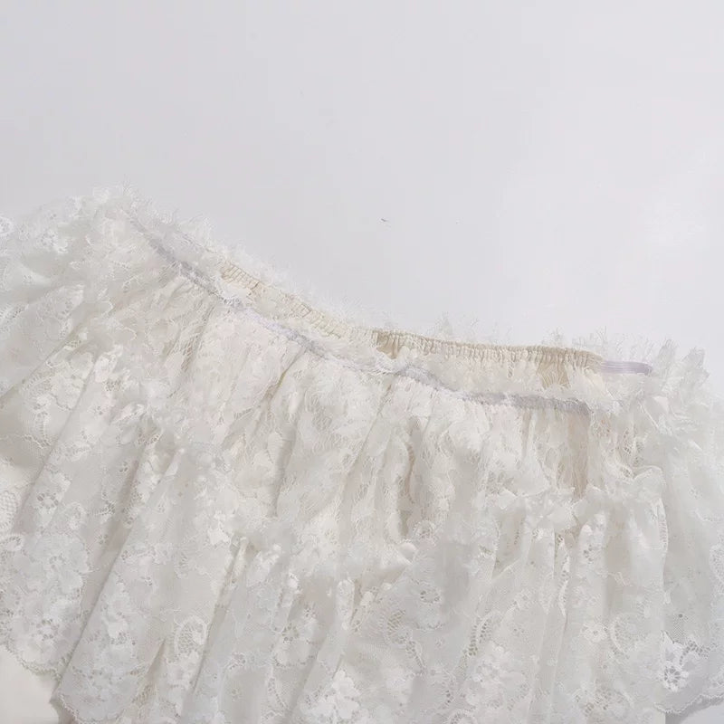 OFF-SHOULDER LACE SATIN BOW 2PC SHORT SET