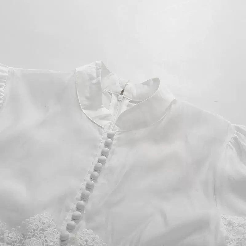O1CN01eOiJYb293YQrsAdnw__3998398012 WHITE MANDARIN COLLAR PUFF SLEEVE TIERED LACE MIDI DRESS