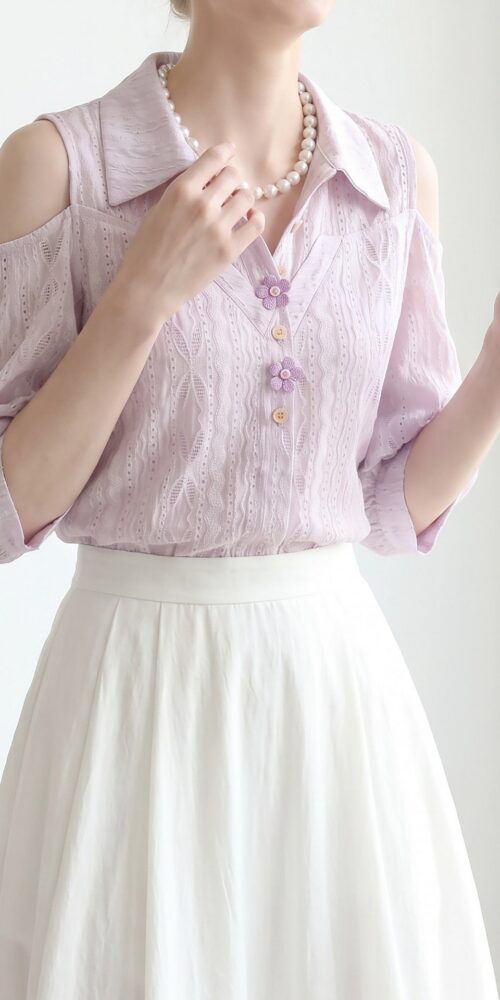 COLD SHOULDER EYELET BLOUSE, 3D FLORAL BUTTONS, DATE NIGHT