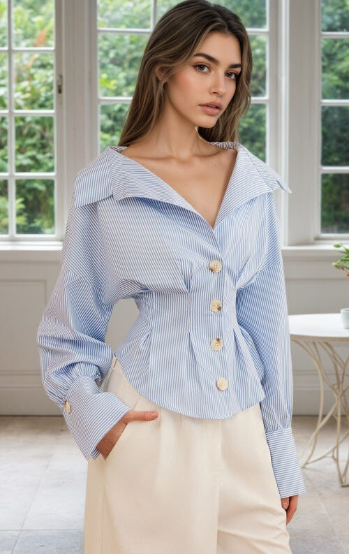 O1CN01epigzu1zMCJgrab3i__2217524266699-0-cib BLUE WHITE STRIPE OFF SHOULDER COLLARED CINCHED WAIST PEPLUM SHIRT
