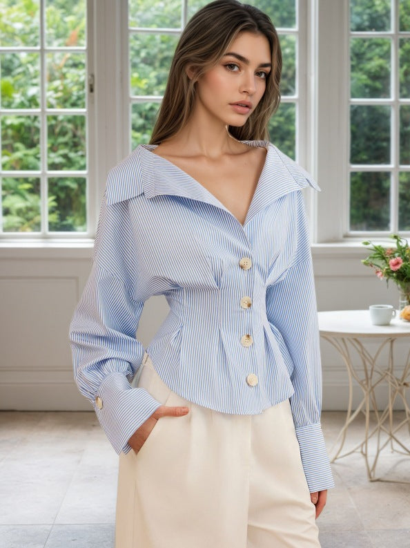 BLUE WHITE STRIPE OFF SHOULDER COLLARED CINCHED WAIST PEPLUM SHIRT