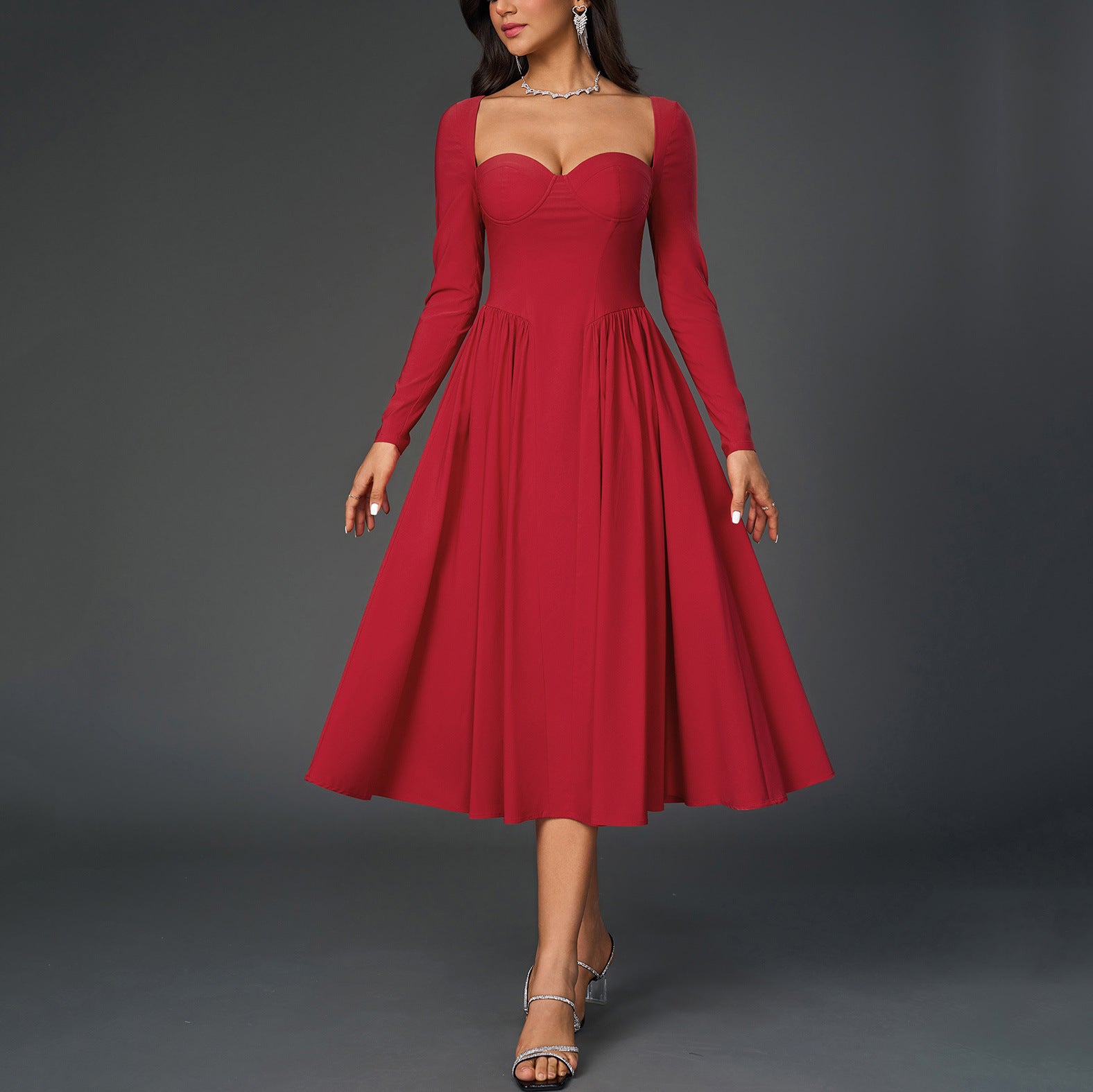 LONG SLEEVE SWEETHEART CORSET FLARED MIDI DRESS