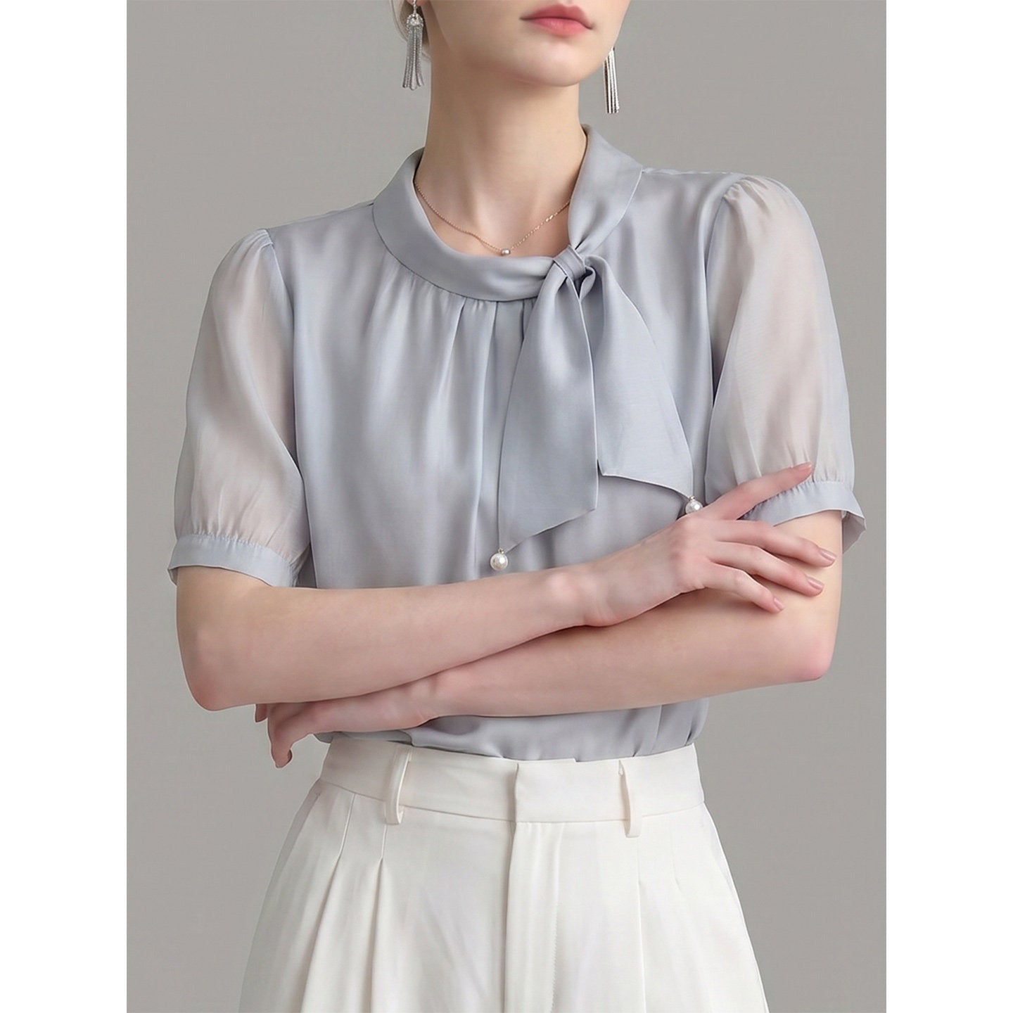 O1CN01f2qaKc1fP8c6pQAvY__163593998 PEARL DECOR TIE NECK PUFF SHORT SLEEVE SATIN BLOUSE