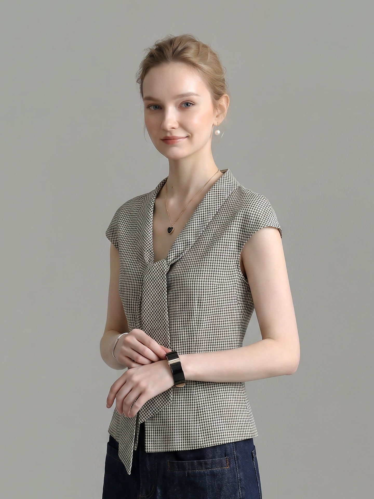 HOUNDSTOOTH LAPEL TIE-NECK CAP SLEEVE SLIM WORK BLOUSE