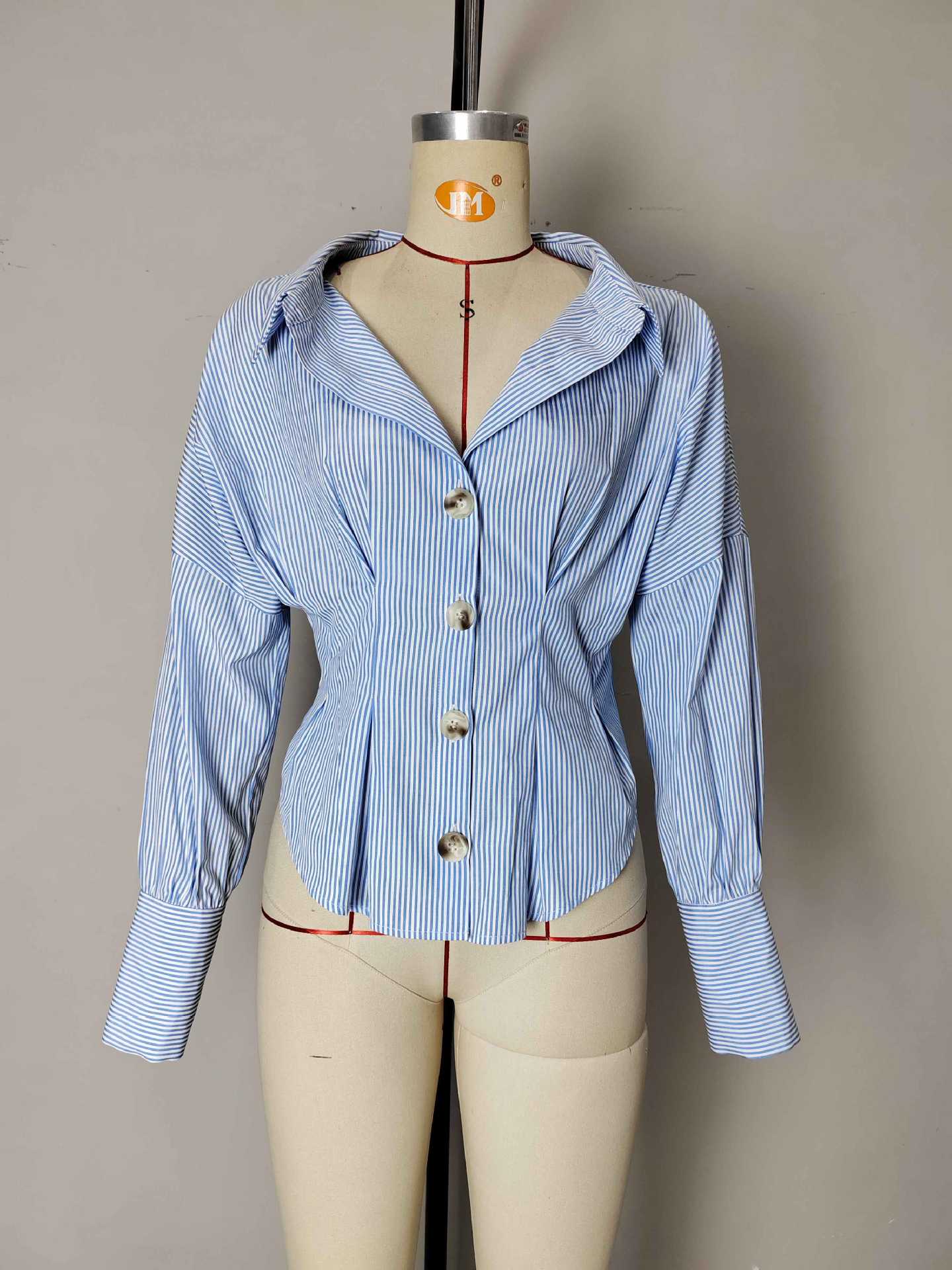BLUE WHITE STRIPE OFF SHOULDER COLLARED CINCHED WAIST PEPLUM SHIRT