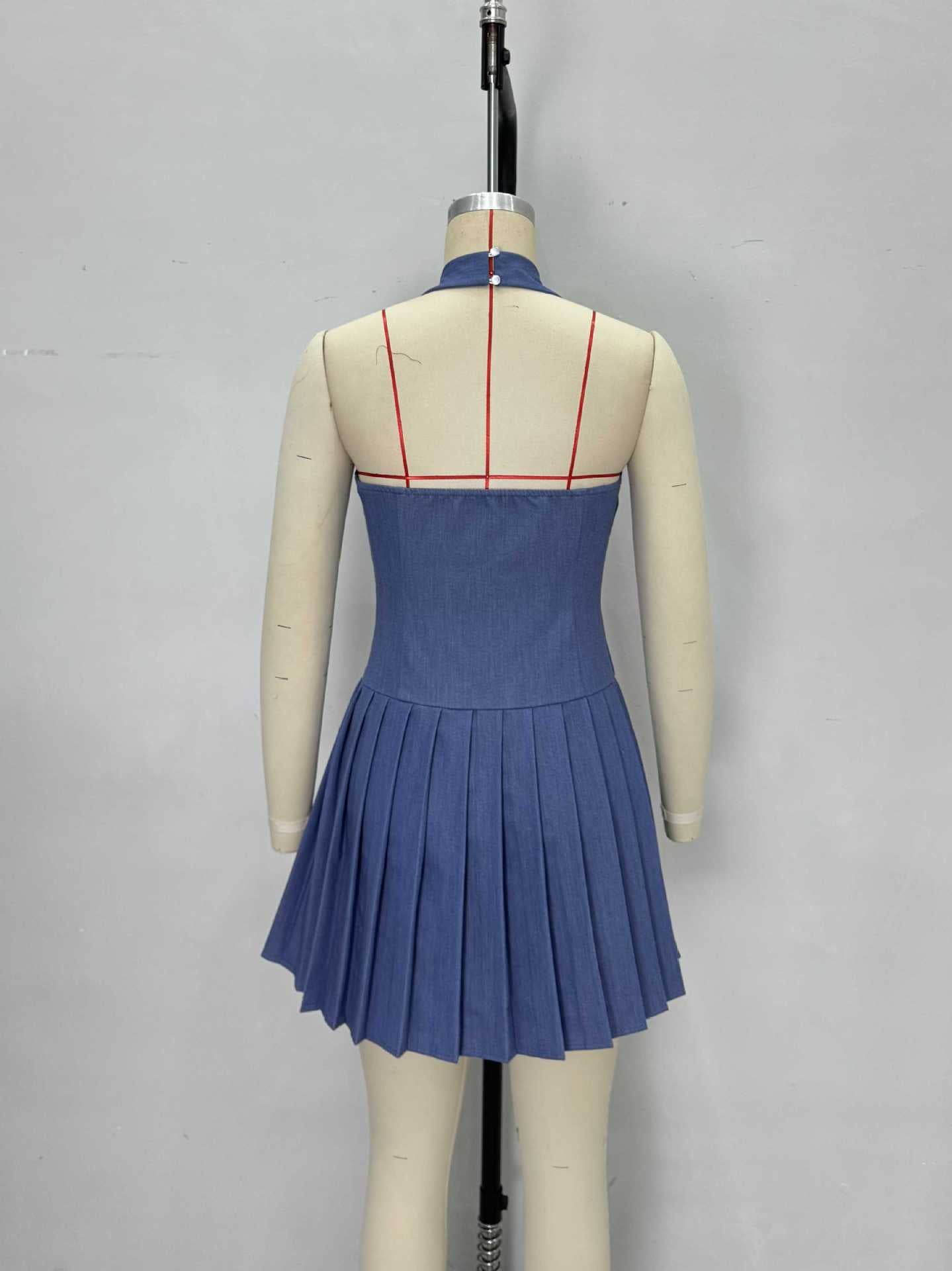 O1CN01fsn8h01zMCITTbJ7x__2217524266699-0-cib LIGHT DENIM HALTER SQUARE NECK GOLD BUTTON PLEATED MINI DRESS