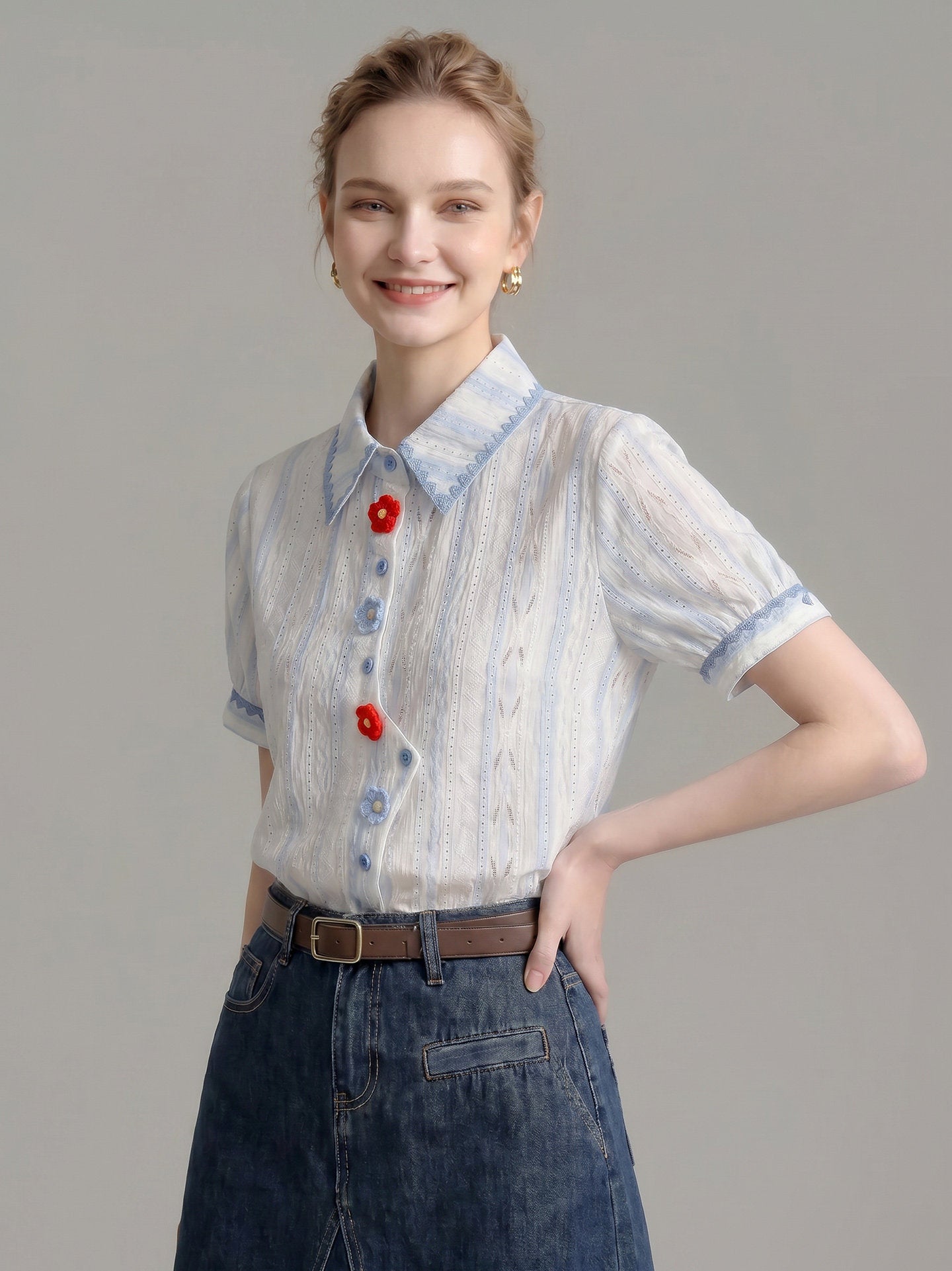 O1CN01gGhoW51fP8cR1T5uT__163593998 STRIPED EYELET SHIRT WITH LACE TRIM & 3D FLORAL BUTTONS
