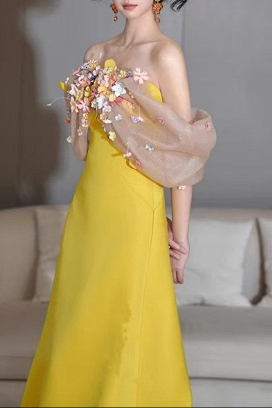 O1CN01gHUzRI1cyub9IL5gL__2478323670 BRIGHT YELLOW SATIN STRAPLESS MAXI GOWN WITH 3D COLORFUL FLORAL TULLE BUST