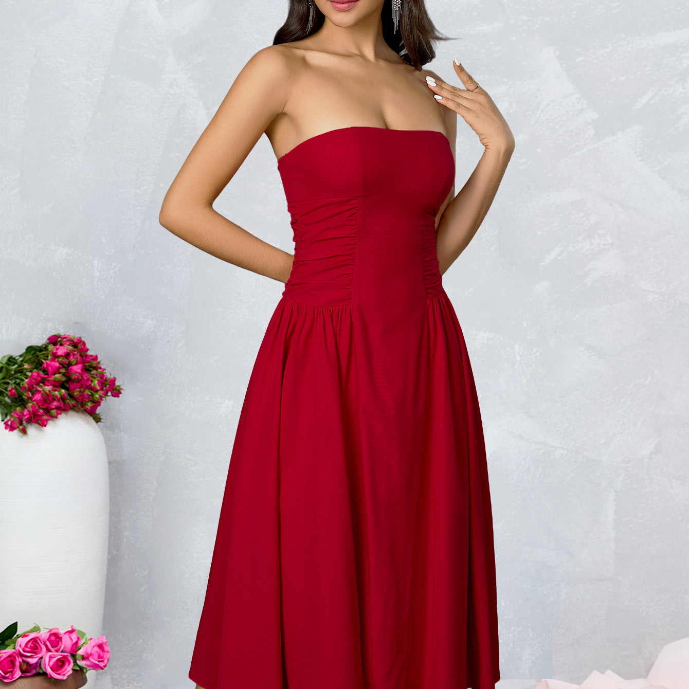 O1CN01gINAUr23jKp5PT6Uk__3423897291-0-cib STRAPLESS RUCHED FLARED MIDI DRESS FOR WEDDING