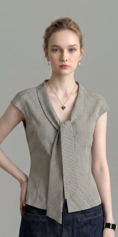 O1CN01gX3O551fP8cHHl1PX__163593998 HOUNDSTOOTH LAPEL TIE-NECK CAP SLEEVE SLIM WORK BLOUSE