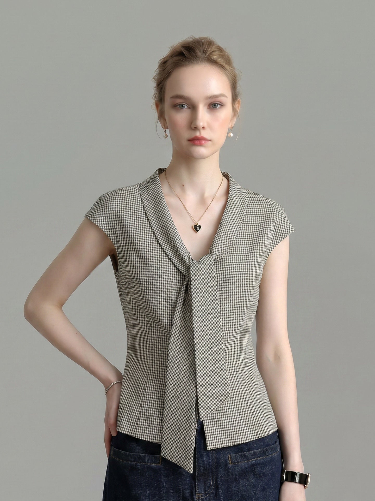 HOUNDSTOOTH LAPEL TIE-NECK CAP SLEEVE SLIM WORK BLOUSE