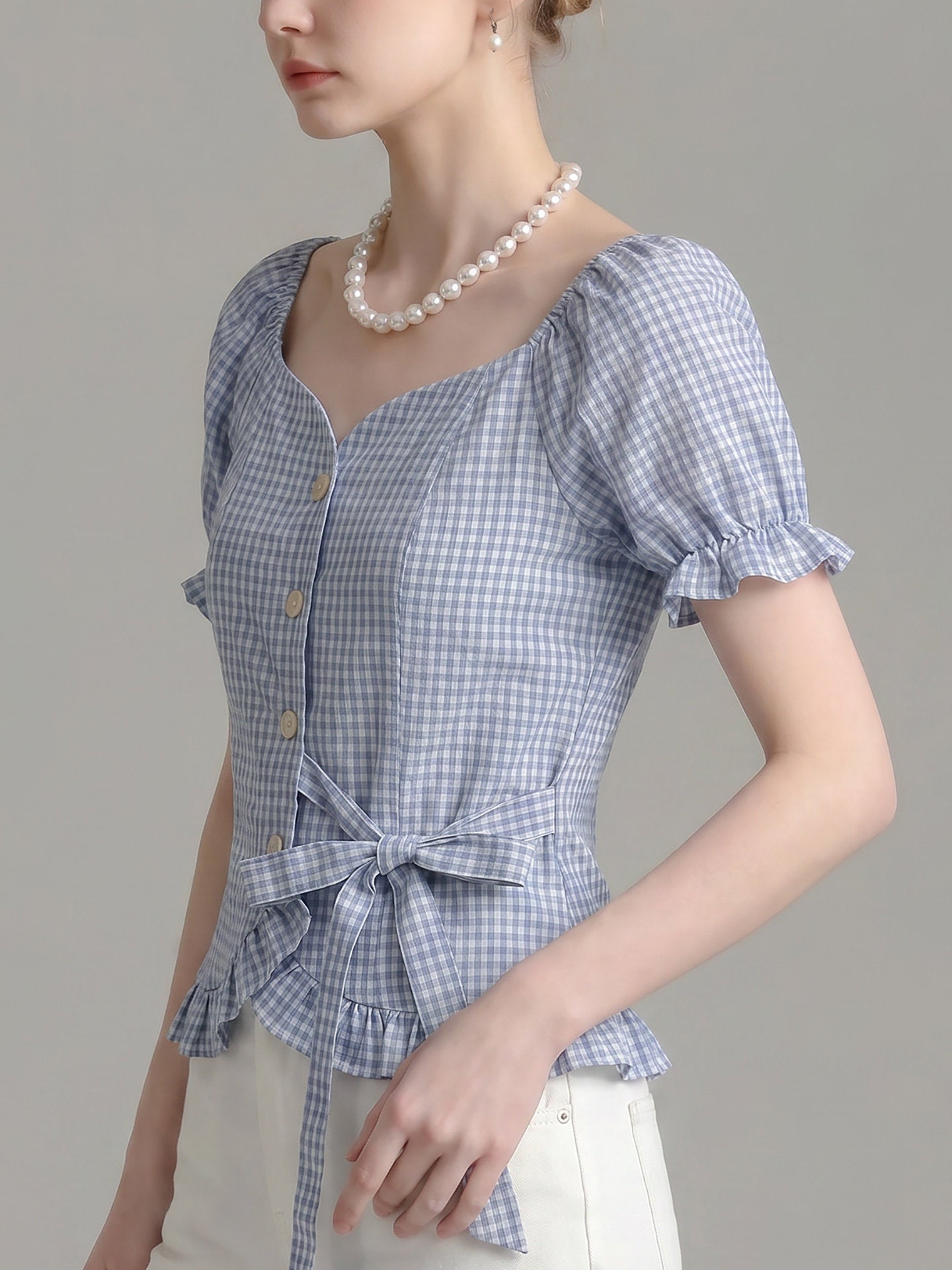 SWEETHEART NECK GINGHAM PUFF SHORT SLEEVE TIE WAIST BLOUSE
