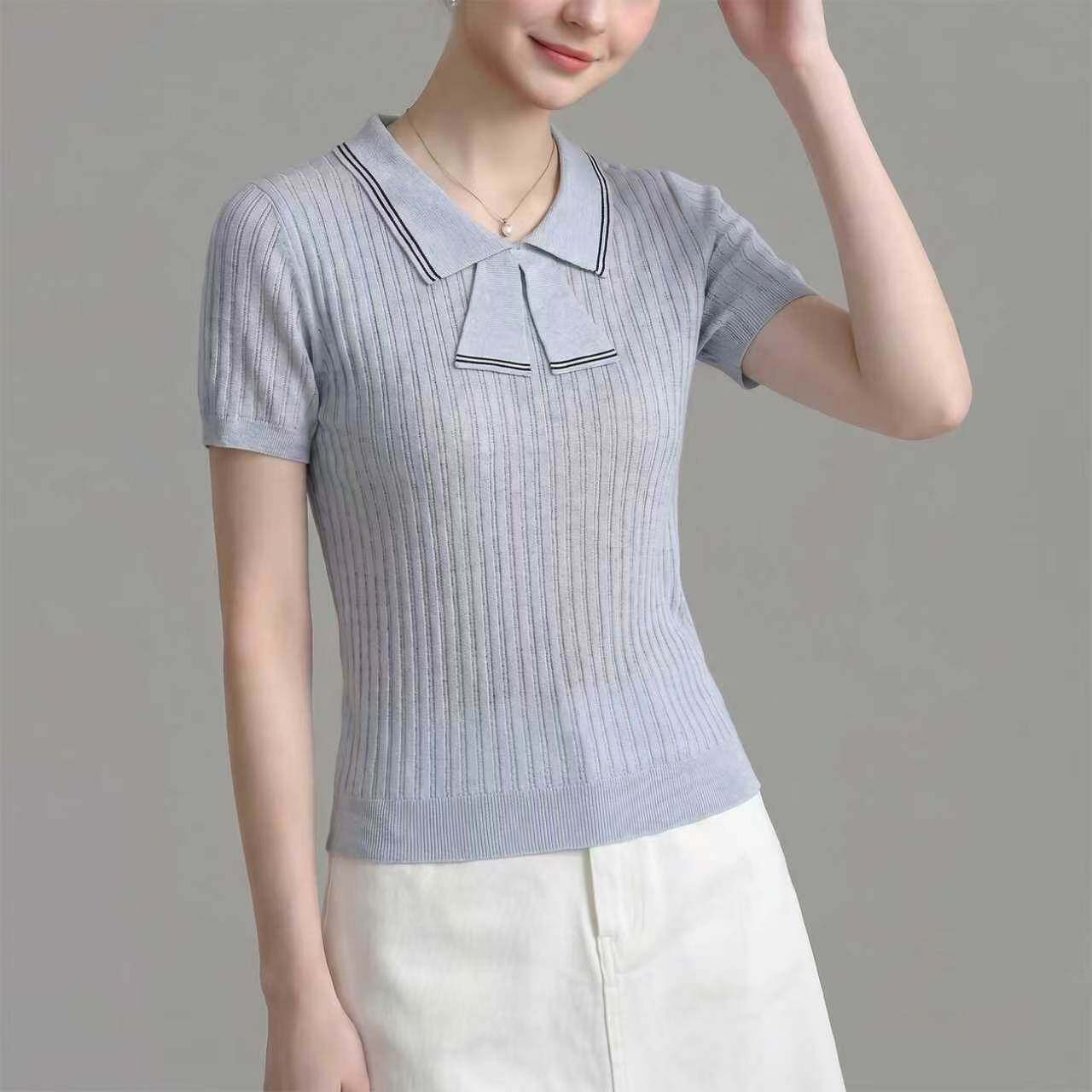 STRIPED BOW TIE KNIT TOP, SHORT SLEEVE CASUAL STYLE
