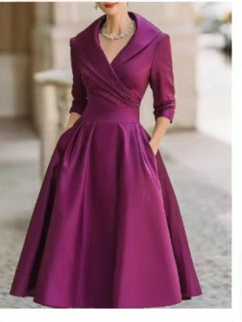 O1CN01hjtpFS21xsAsr6eZl__2221462337052-0-cib LAPEL WRAP V-NECK SATIN MIDI SWING DRESS