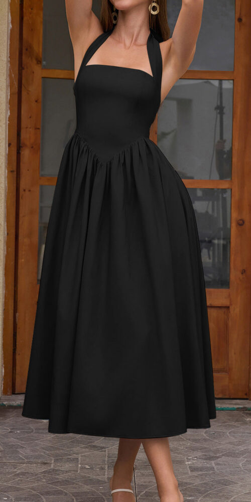 HALTER SQUARE NECK V-WAIST FLARED MIDI DRESS