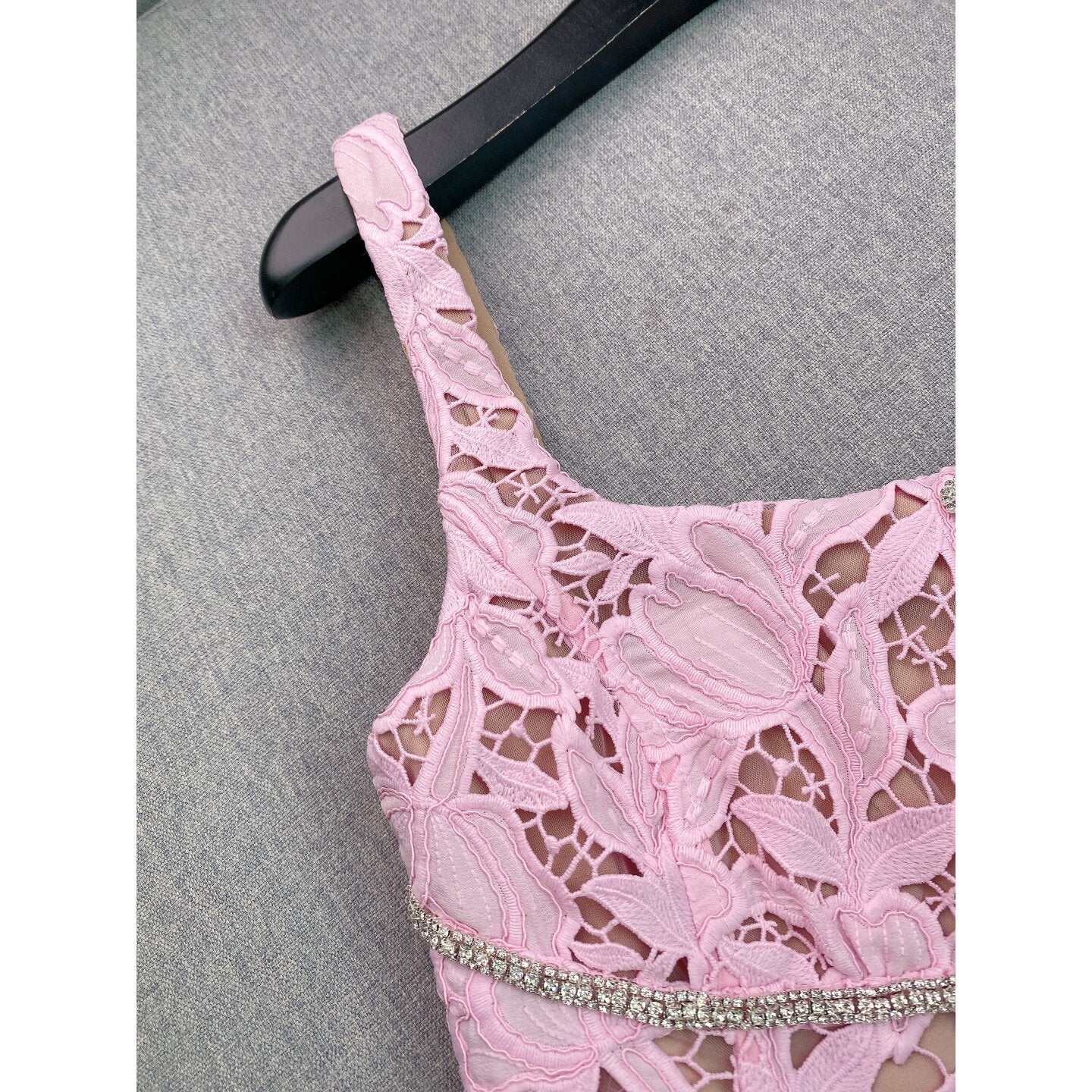LIGHT PINK LACE FIT-AND-FLARE MINI DRESS