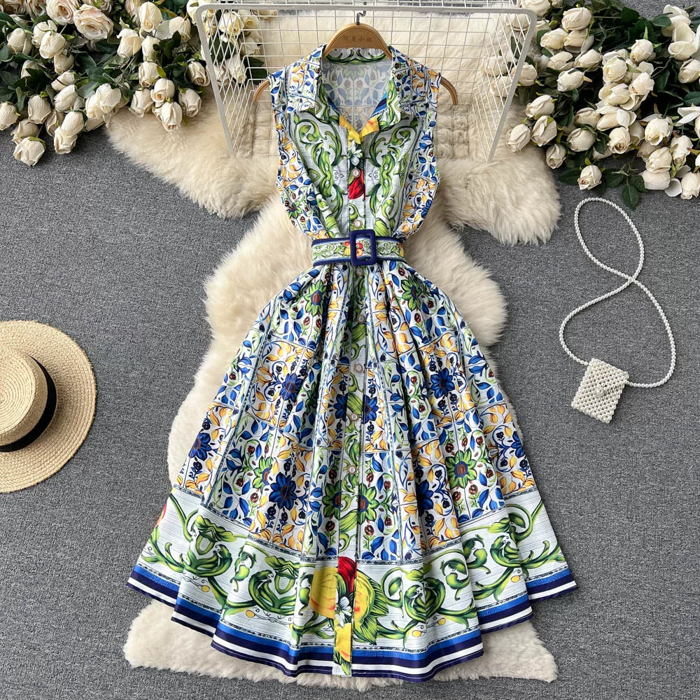O1CN01hz9Pbp24PSxf9l4sa__381577383 SLEEVELESS COLLARED TILE PRINT BELTED A-LINE MIDI DRESS
