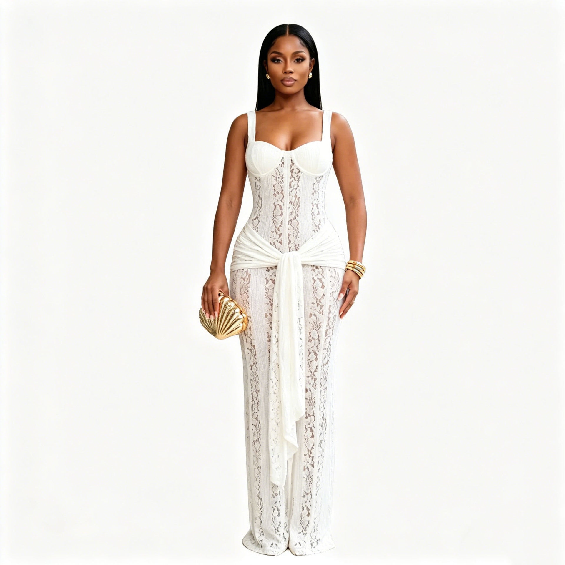 CORSET LACE MAXI DRESS WITH DRAPED SASH