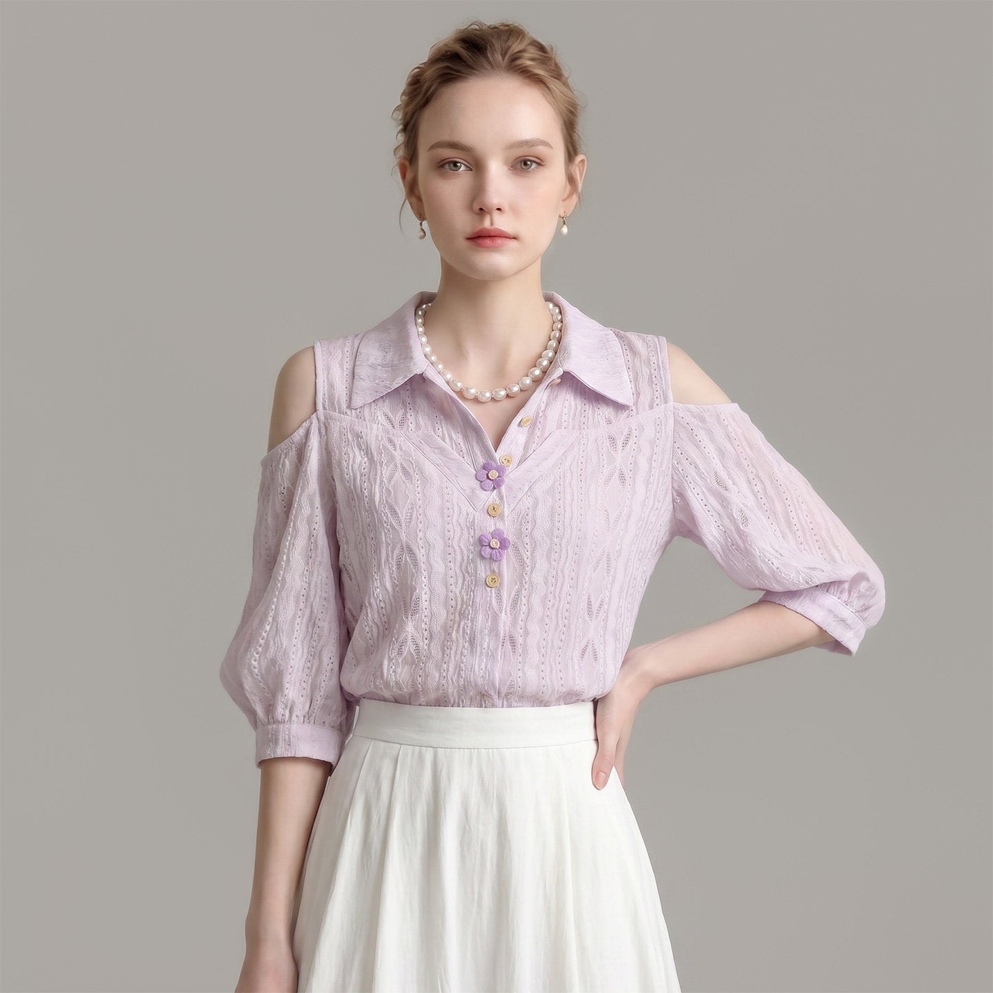 O1CN01il8i611fP8cRI253e__163593998 COLD SHOULDER EYELET BLOUSE, 3D FLORAL BUTTONS, DATE NIGHT