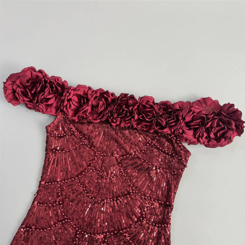 BURGUNDY SEQUIN MESH COLUMN GOWN