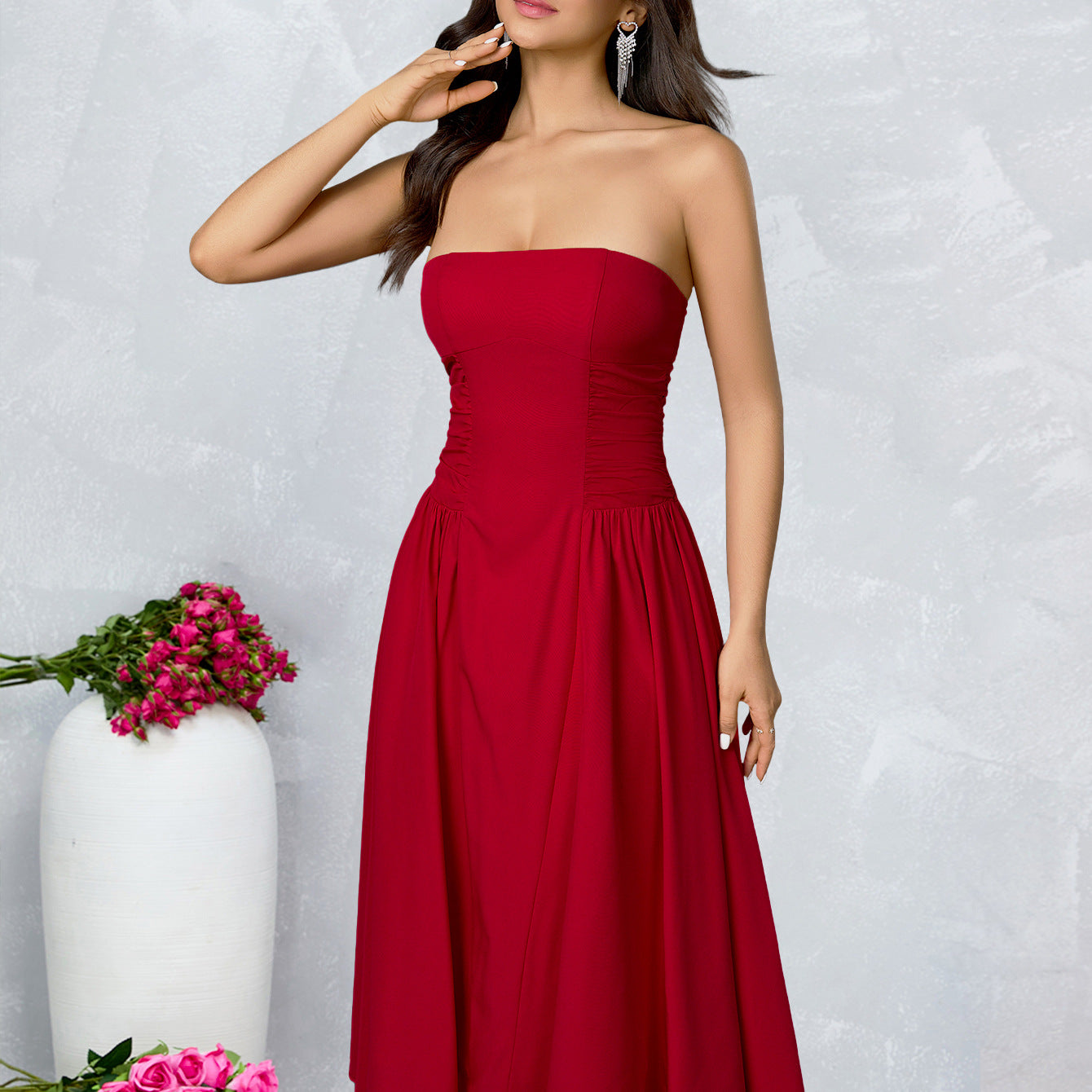 O1CN01j3bx6323jKp0lh7yQ__3423897291-0-cib STRAPLESS RUCHED FLARED MIDI DRESS FOR WEDDING