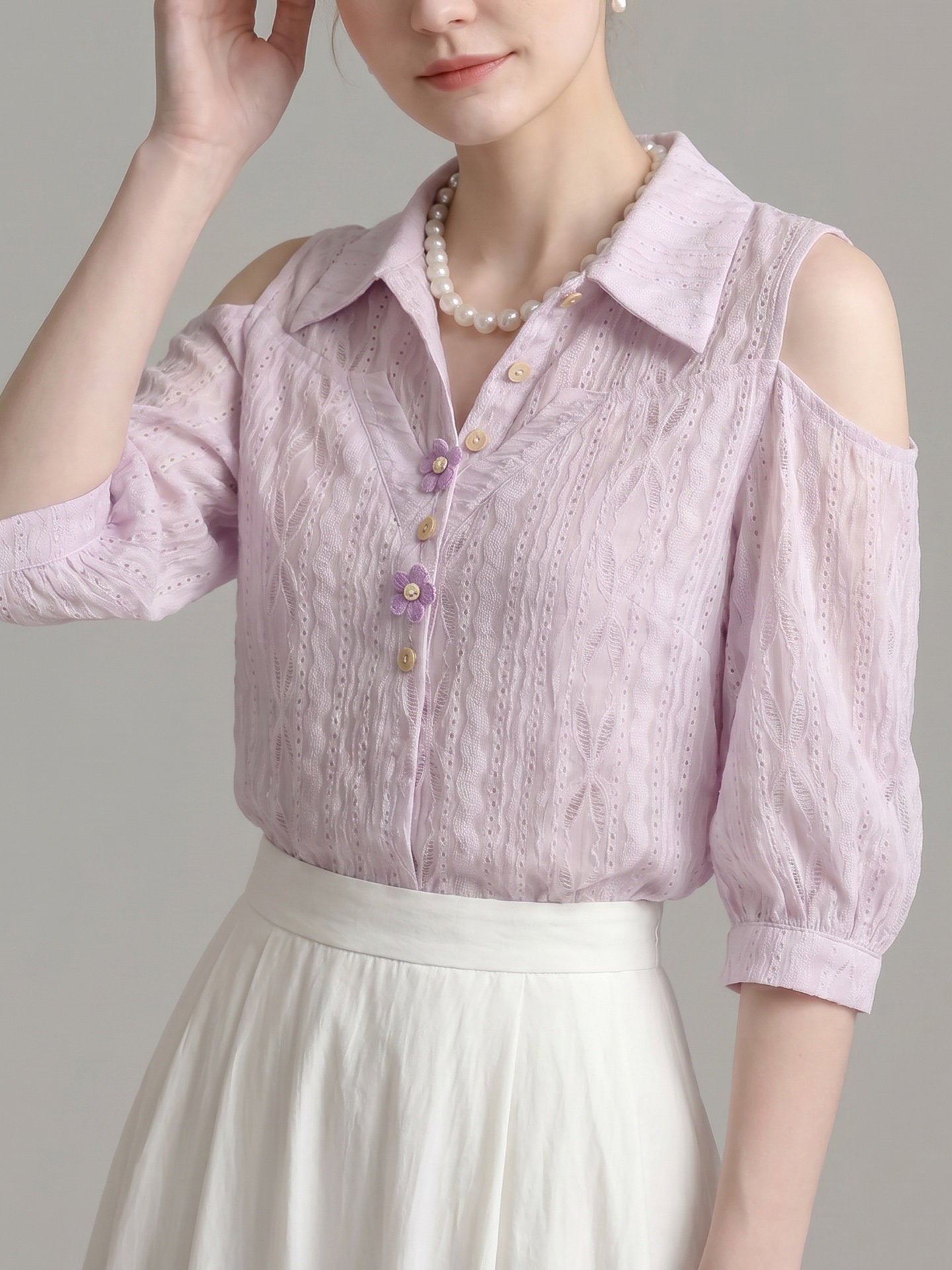 O1CN01jq9E6g1fP8cSnIyYx__163593998 COLD SHOULDER EYELET BLOUSE, 3D FLORAL BUTTONS, DATE NIGHT