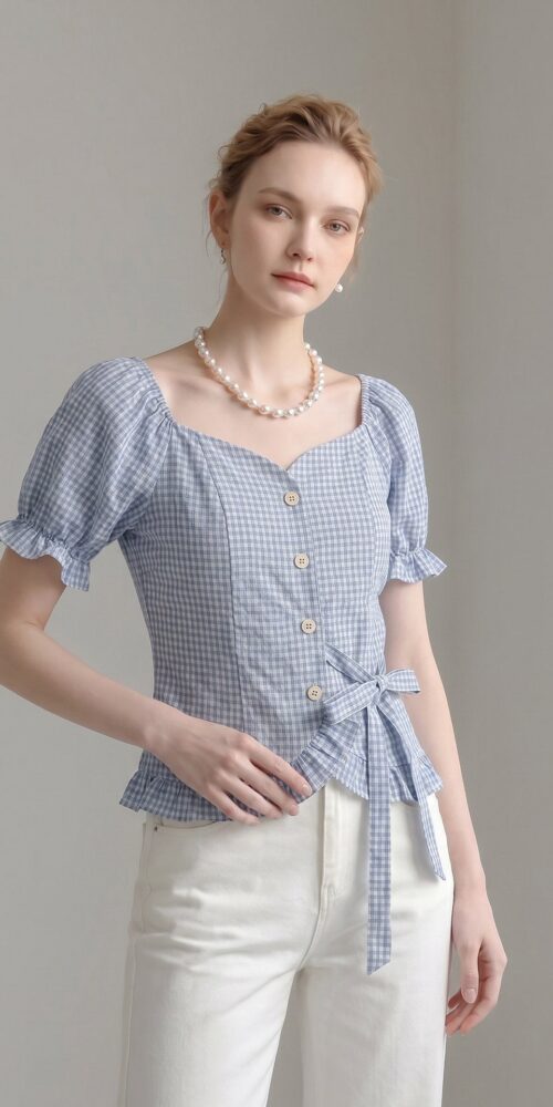 SWEETHEART NECK GINGHAM PUFF SHORT SLEEVE TIE WAIST BLOUSE