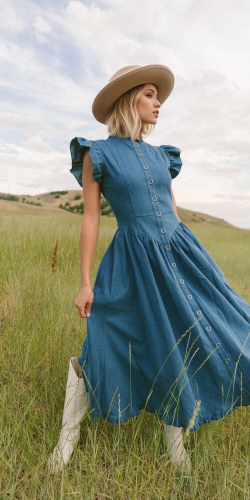 O1CN01kKV33y1zMCIweWp8A__2217524266699-0-cib BLUE RUFFLE CAP SLEEVE BUTTON FRONT FLARED MIDI DRESS