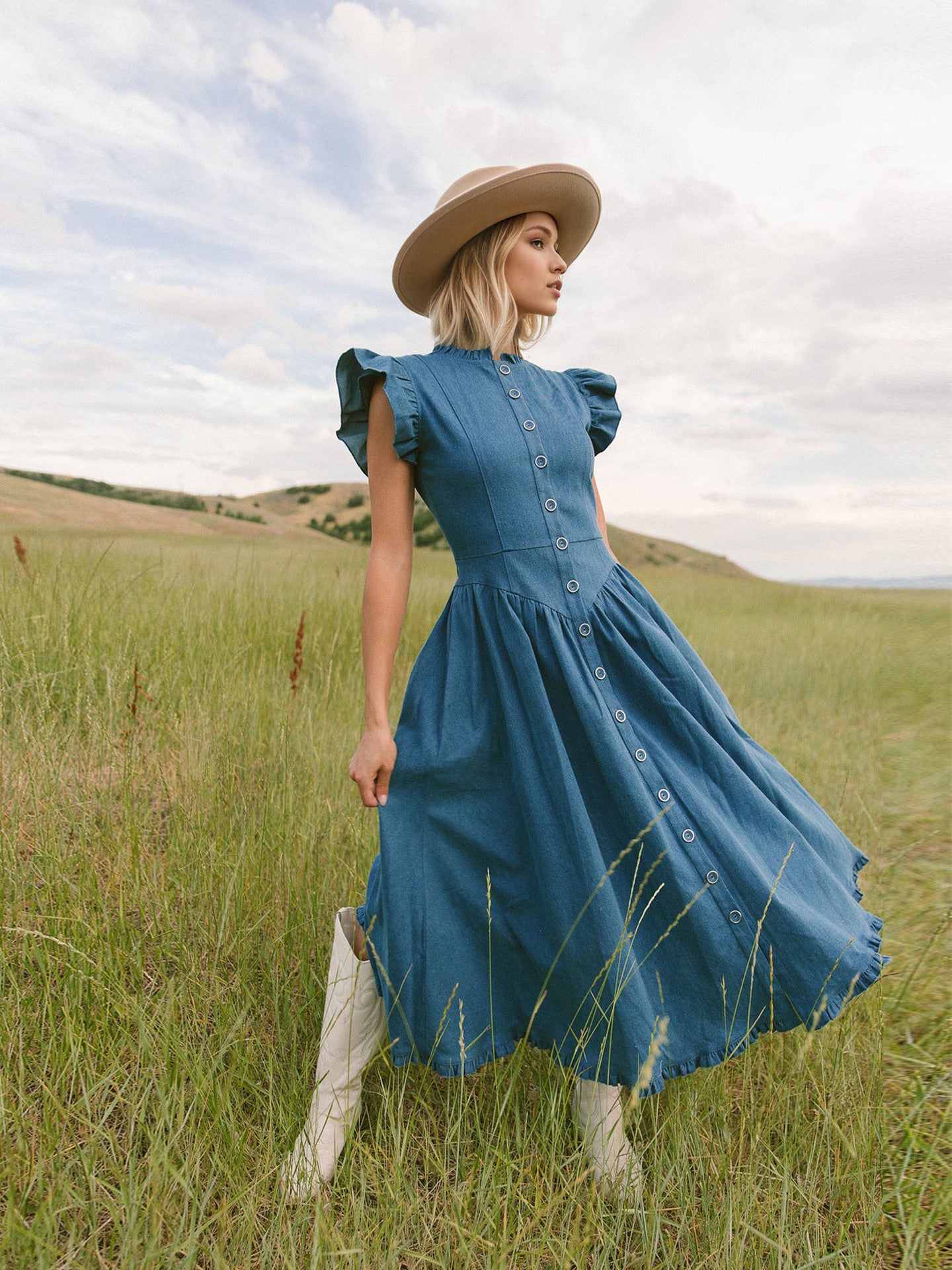 O1CN01kKV33y1zMCIweWp8A__2217524266699-0-cib BLUE RUFFLE CAP SLEEVE BUTTON FRONT FLARED MIDI DRESS