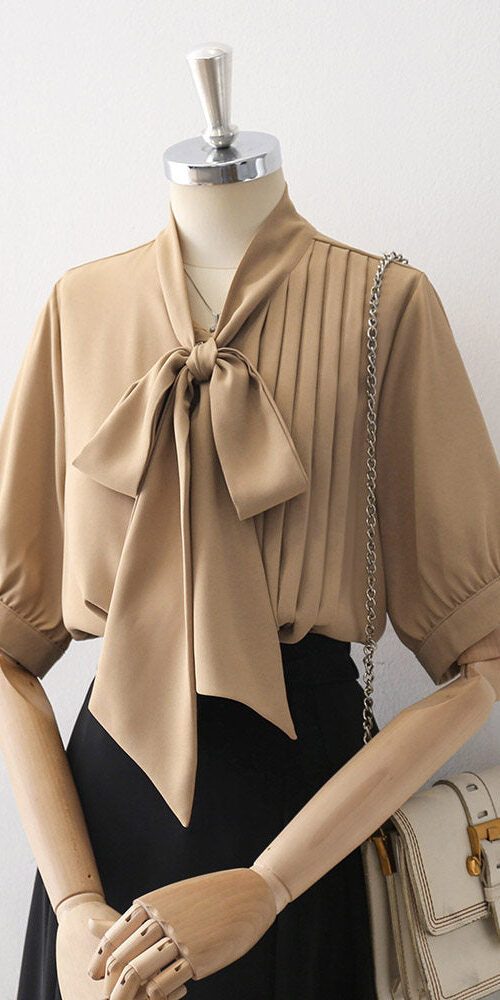 SATIN PUFF SLEEVE BOW BLOUSE | PLEATED WEDDING TOP