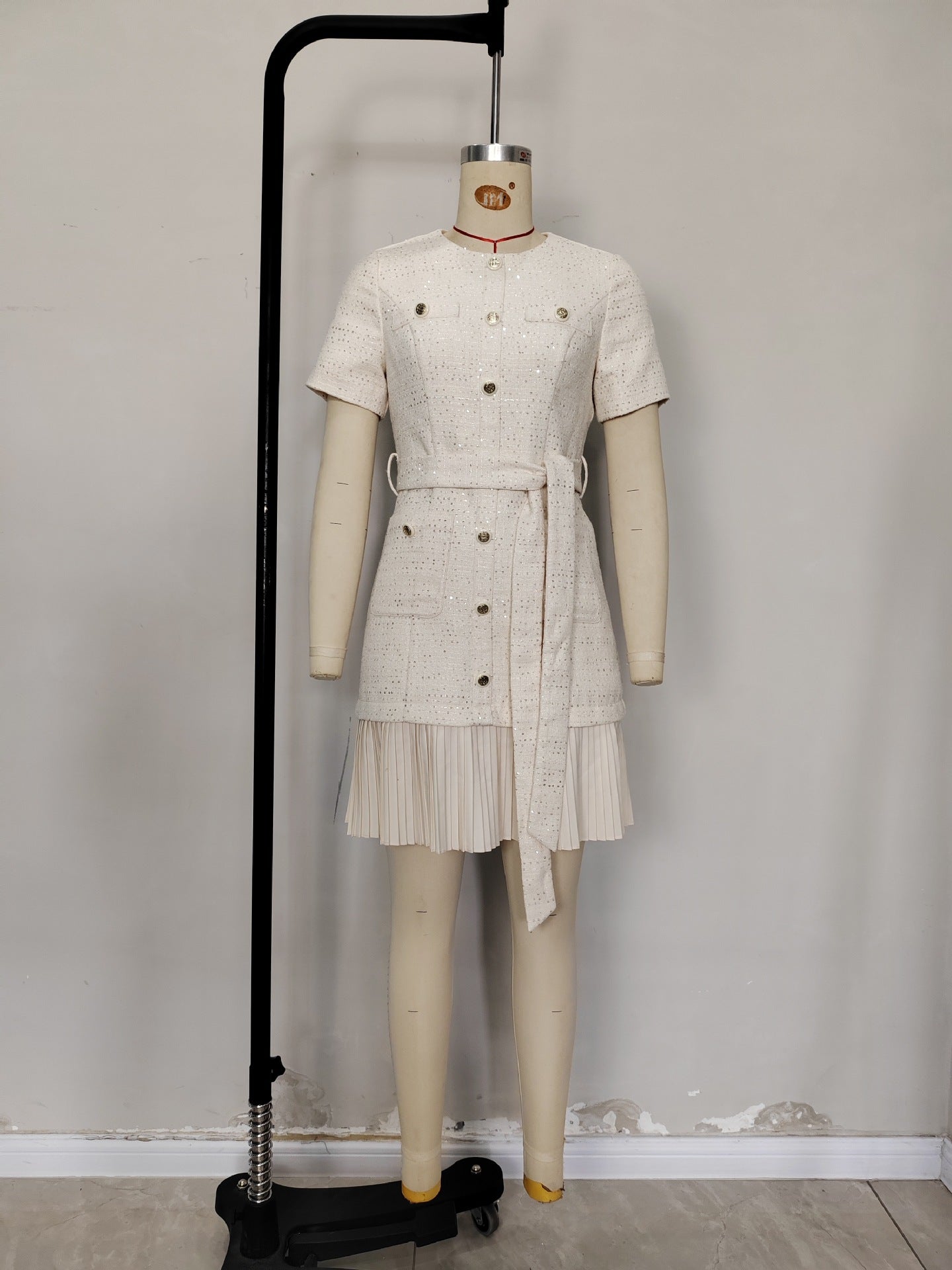 O1CN01lIjkrb1zMCJ7VzKPA__2217524266699-0-cib CREAM SPARKLY TWEED BELTED PLEATED MINI DRESS