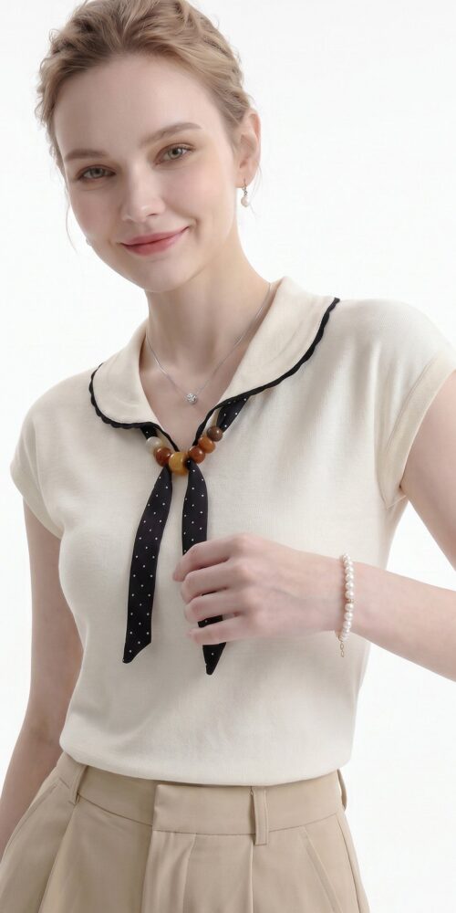 SCALLOPED COLLAR POLKA DOT BOW CAP SLEEVE KNIT TOP