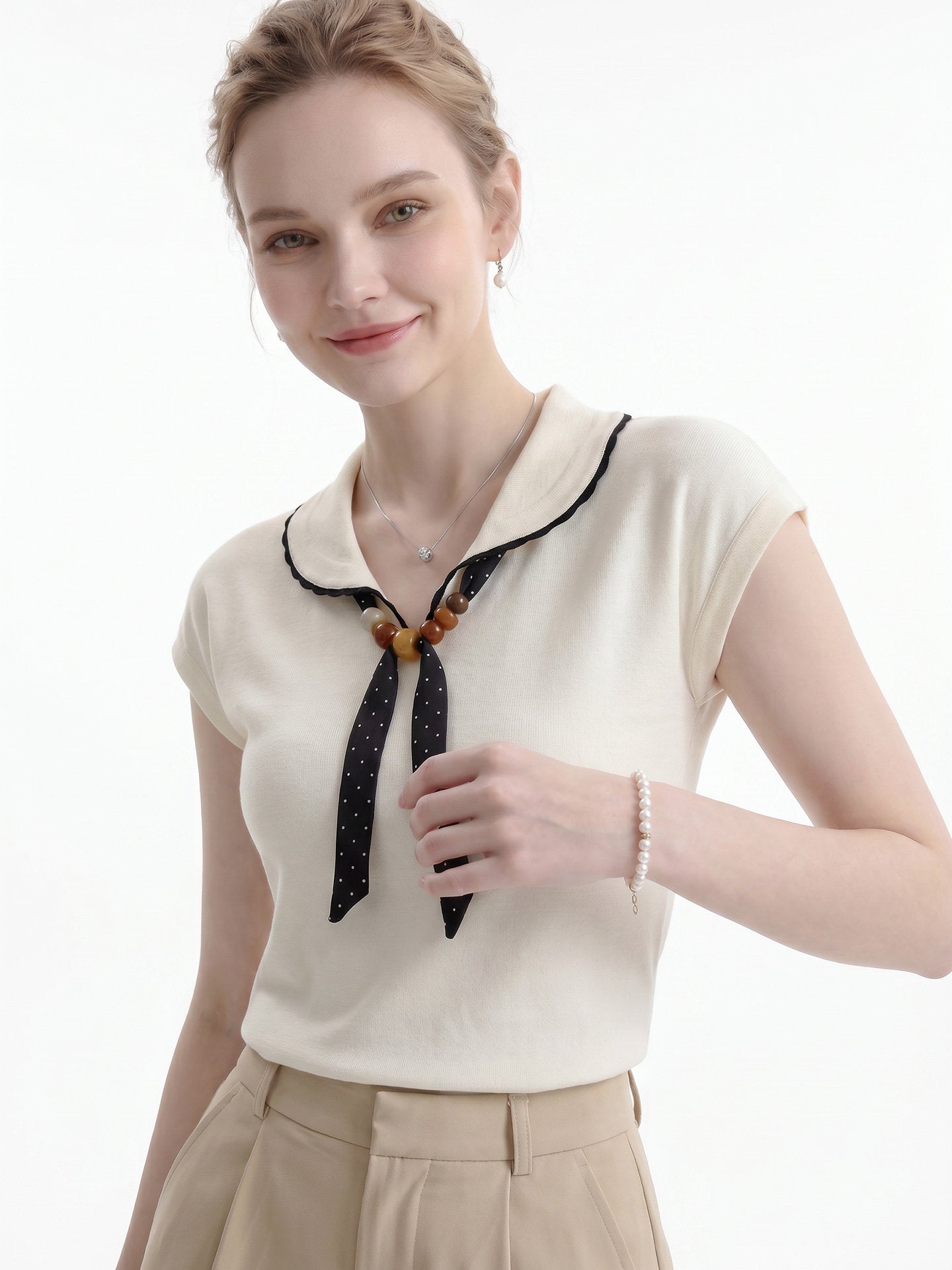 O1CN01lJ9QdH1fP8cP0AhQO__163593998 SCALLOPED COLLAR POLKA DOT BOW CAP SLEEVE KNIT TOP