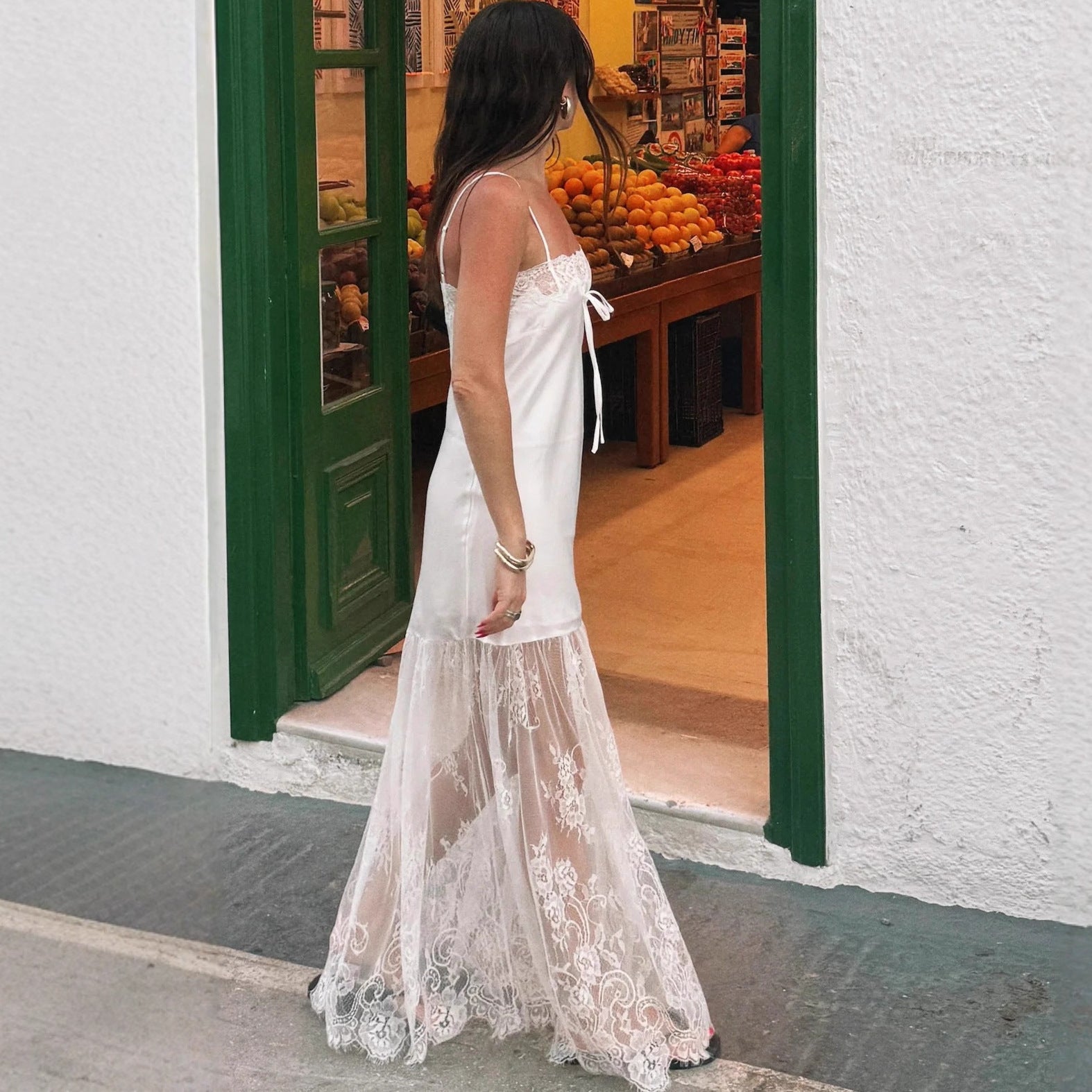 LACE HEM SATIN SLIP MAXI DRESS FOR EVENING
