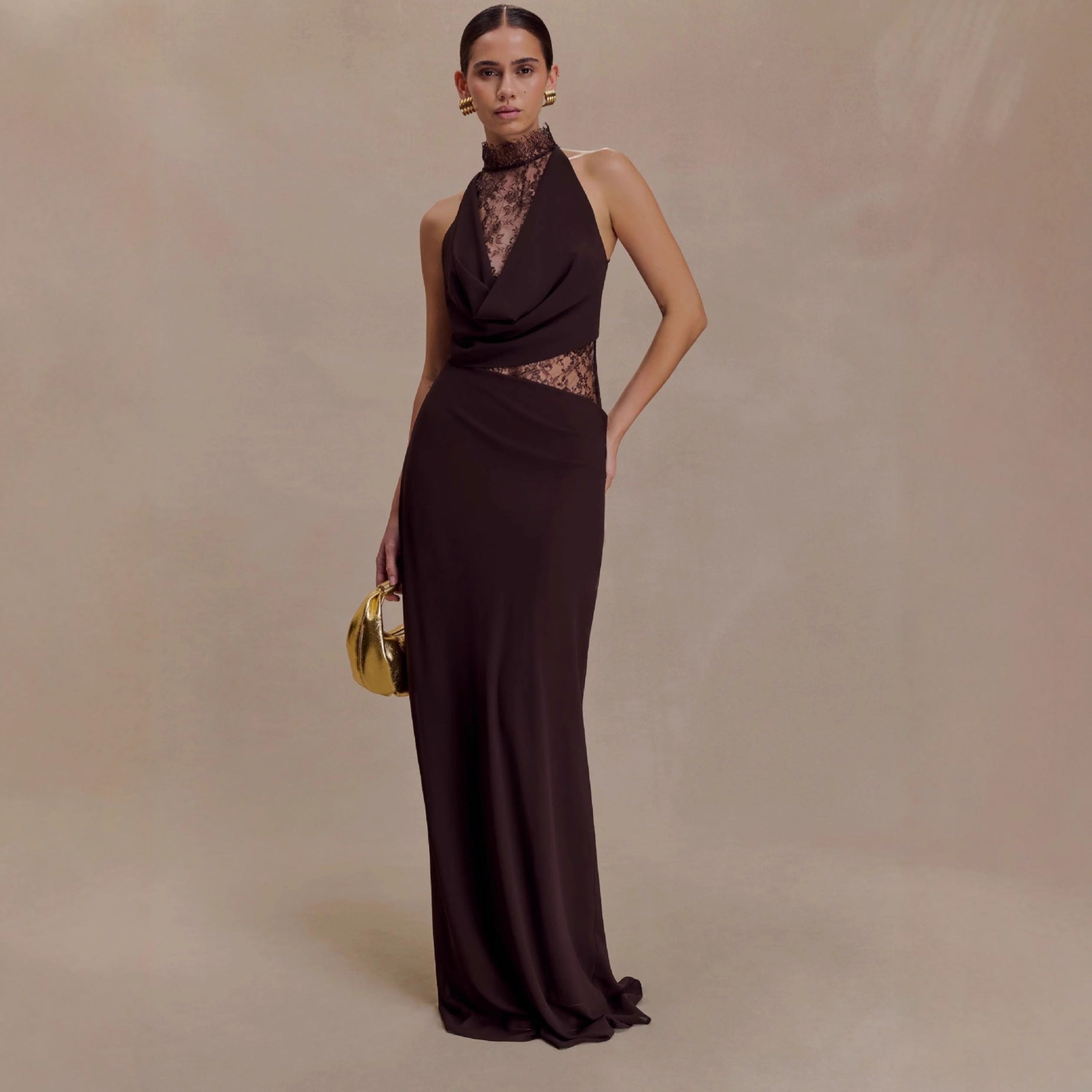 HALTER LACE CUTOUT DRAPED MAXI GOWN
