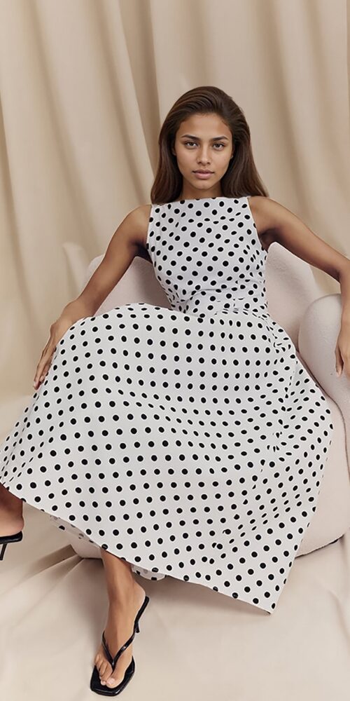 SLEEVELESS POLKA DOT MIDI A-LINE DRES