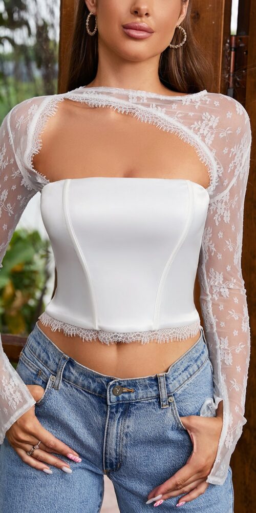 TWO-PIECE LACE RUFFLED SATIN CORSET TOP SET