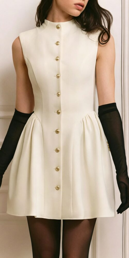GOLD BUTTON SLEEVELESS MINI DRESS – STAND COLLAR PARTY STYLE