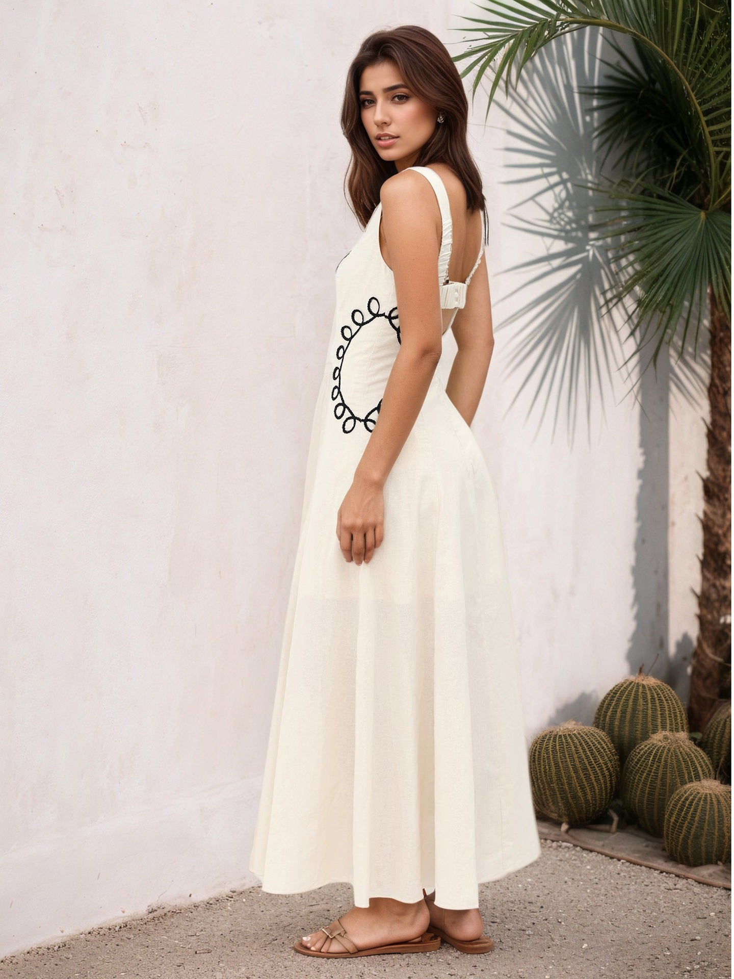 CREAM SQUARE NECK SLEEVELESS BLACK LOOP EMBROIDERY FLARED MIDI DRESS