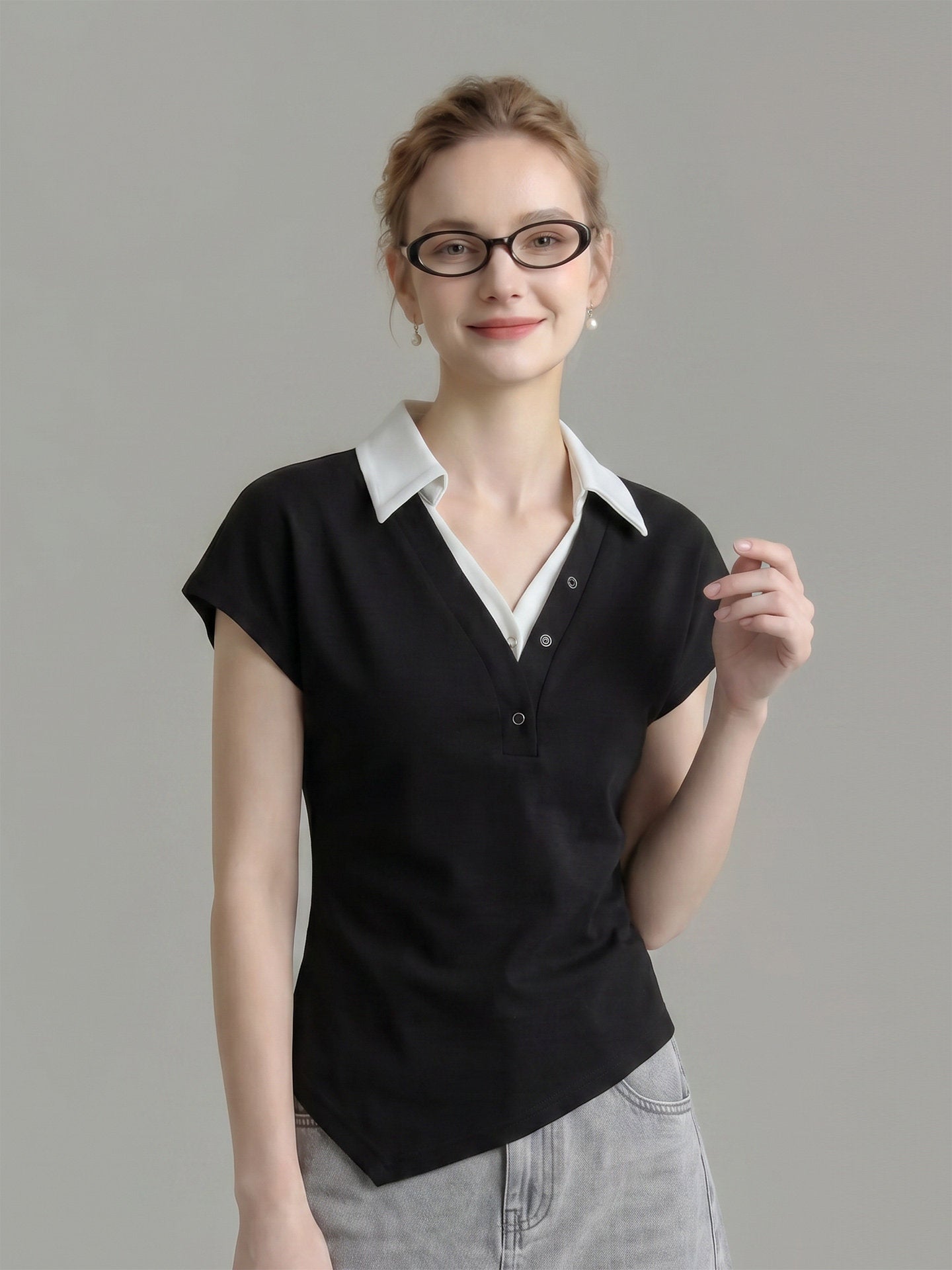 O1CN01oGIWMe1fP8cNME7Da__163593998 FAKE TWO PIECE COLLARED V NECK CAP SLEEVE ASYMMETRICAL HEM TEE