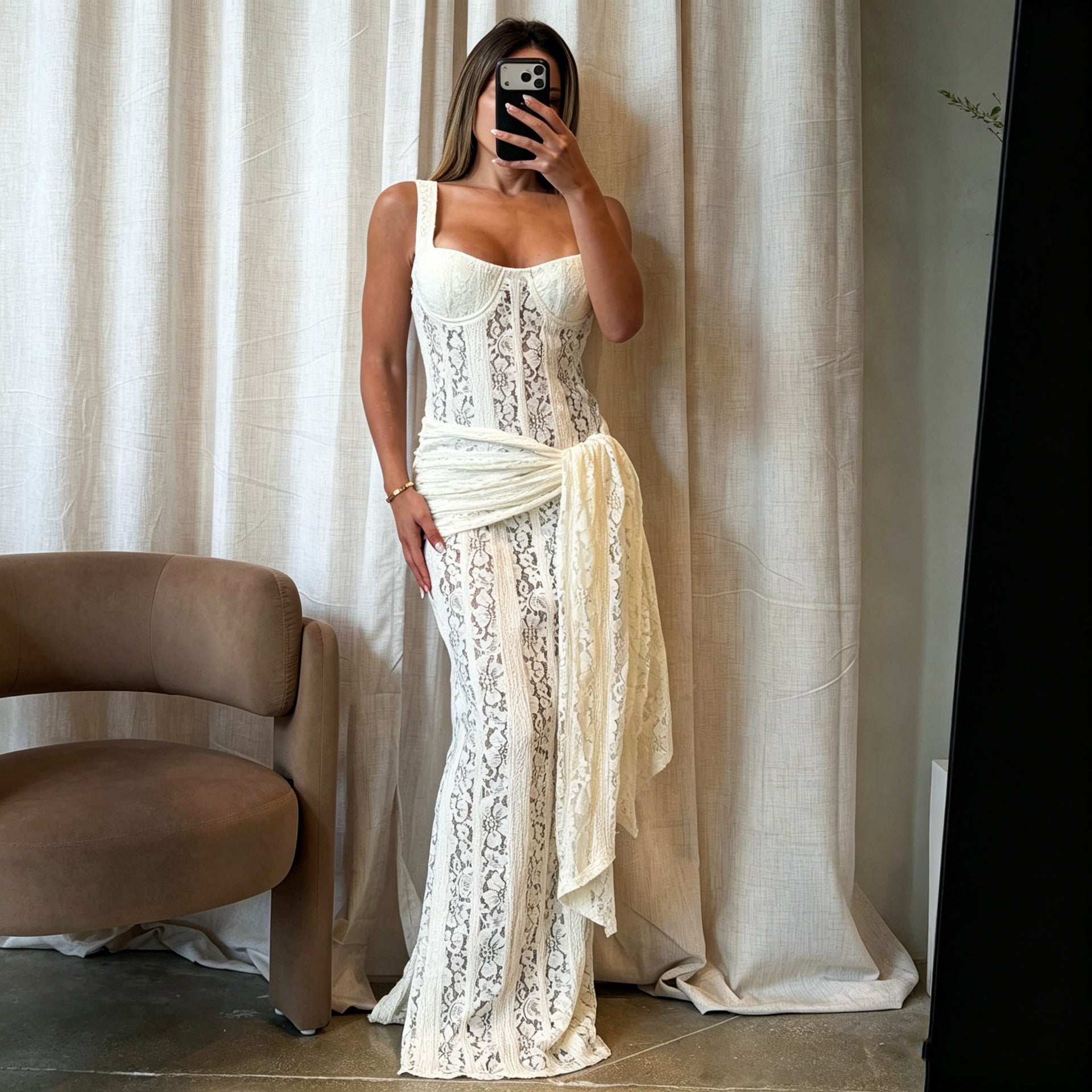 CORSET LACE MAXI DRESS WITH DRAPED SASH