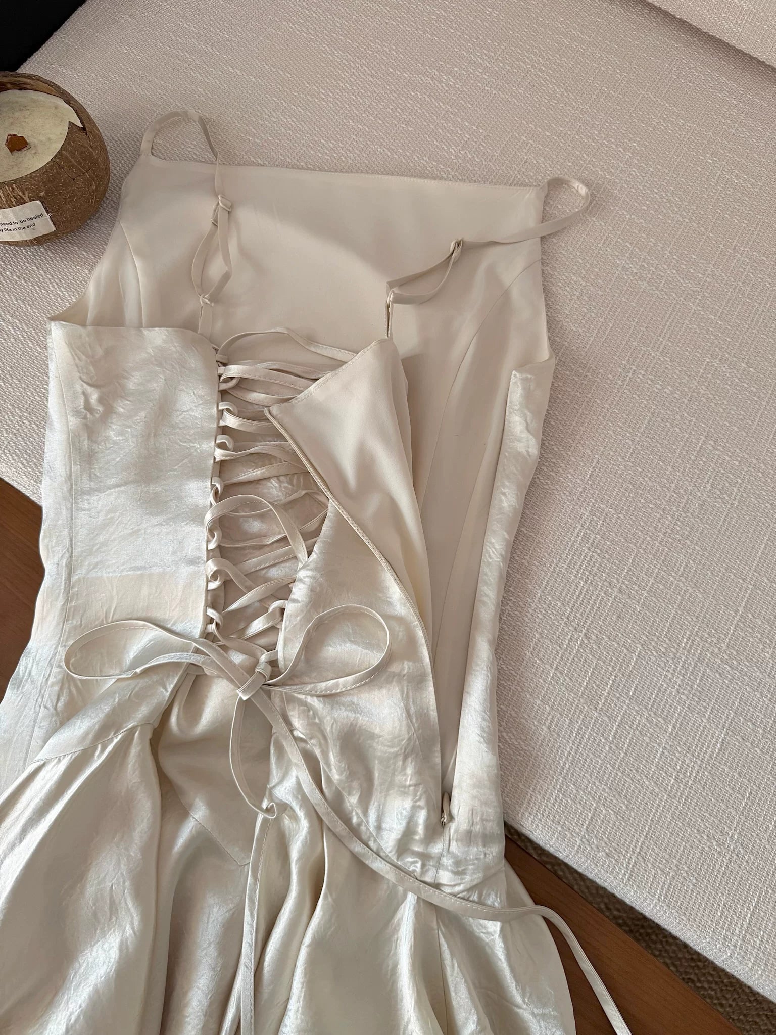 IVORY SATIN MIDI SLIP DRESS, SPAGHETTI STRAP LACE HEM
