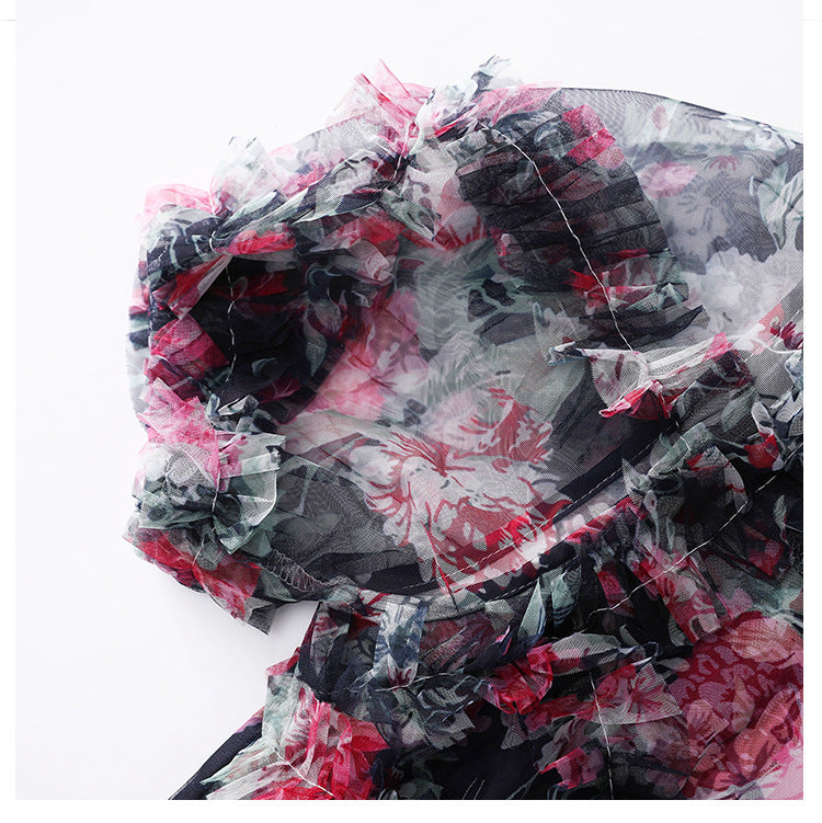 NAVY FLORAL SHEER ORGANZA A-LINE MIDI DRESS 3D RUFFLE