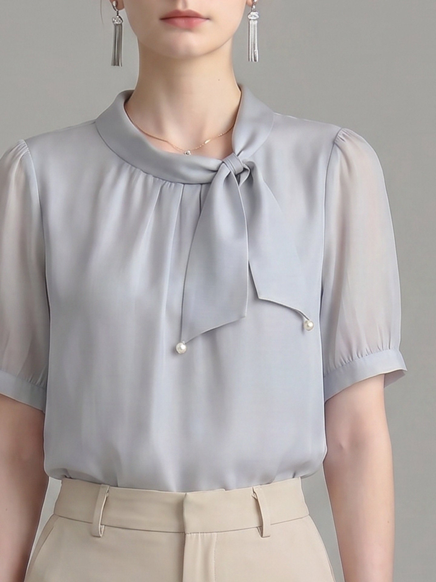 O1CN01p8says1fP8c5hNxCG__163593998 PEARL DECOR TIE NECK PUFF SHORT SLEEVE SATIN BLOUSE