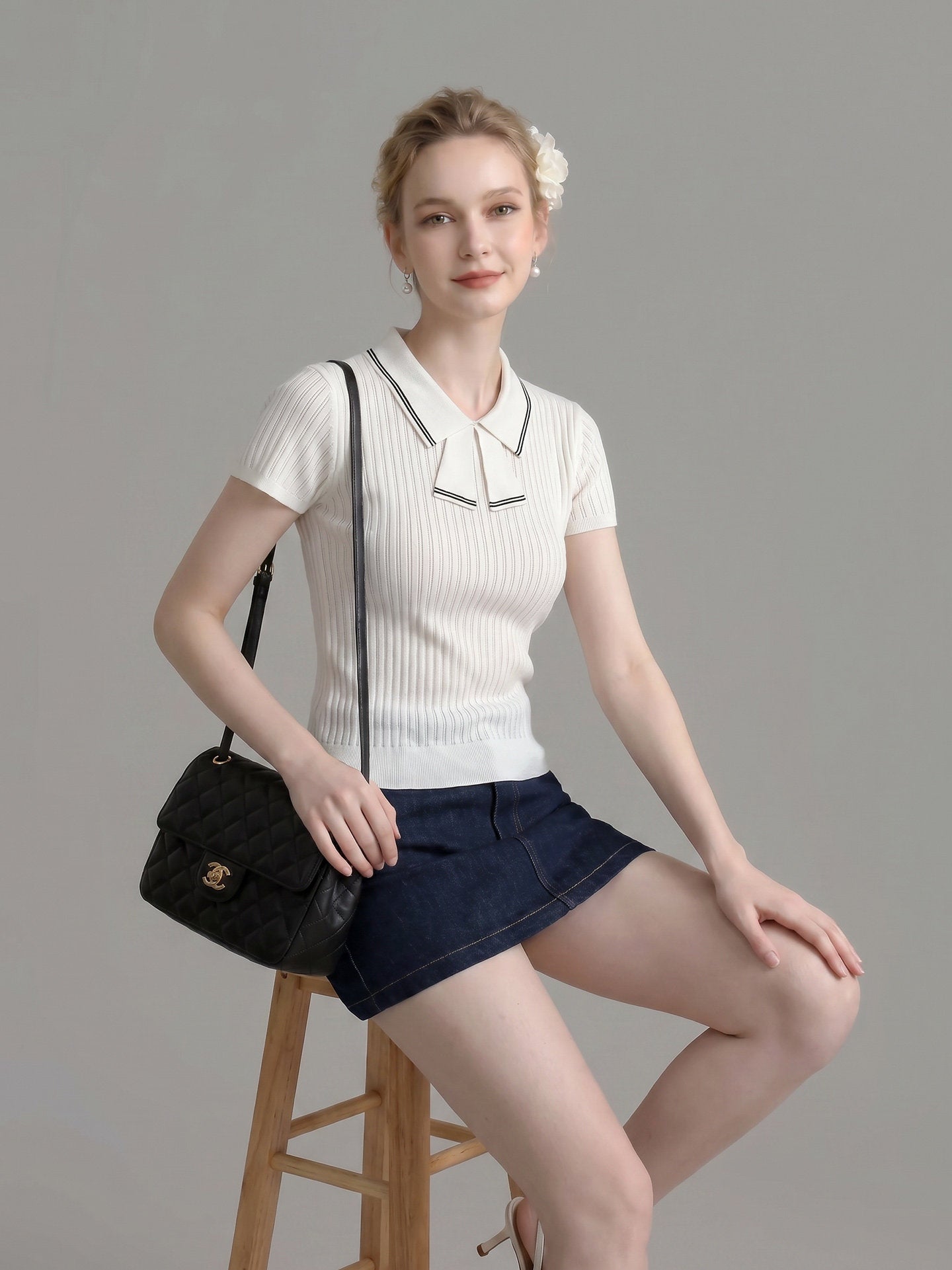 STRIPED BOW TIE KNIT TOP, SHORT SLEEVE CASUAL STYLE